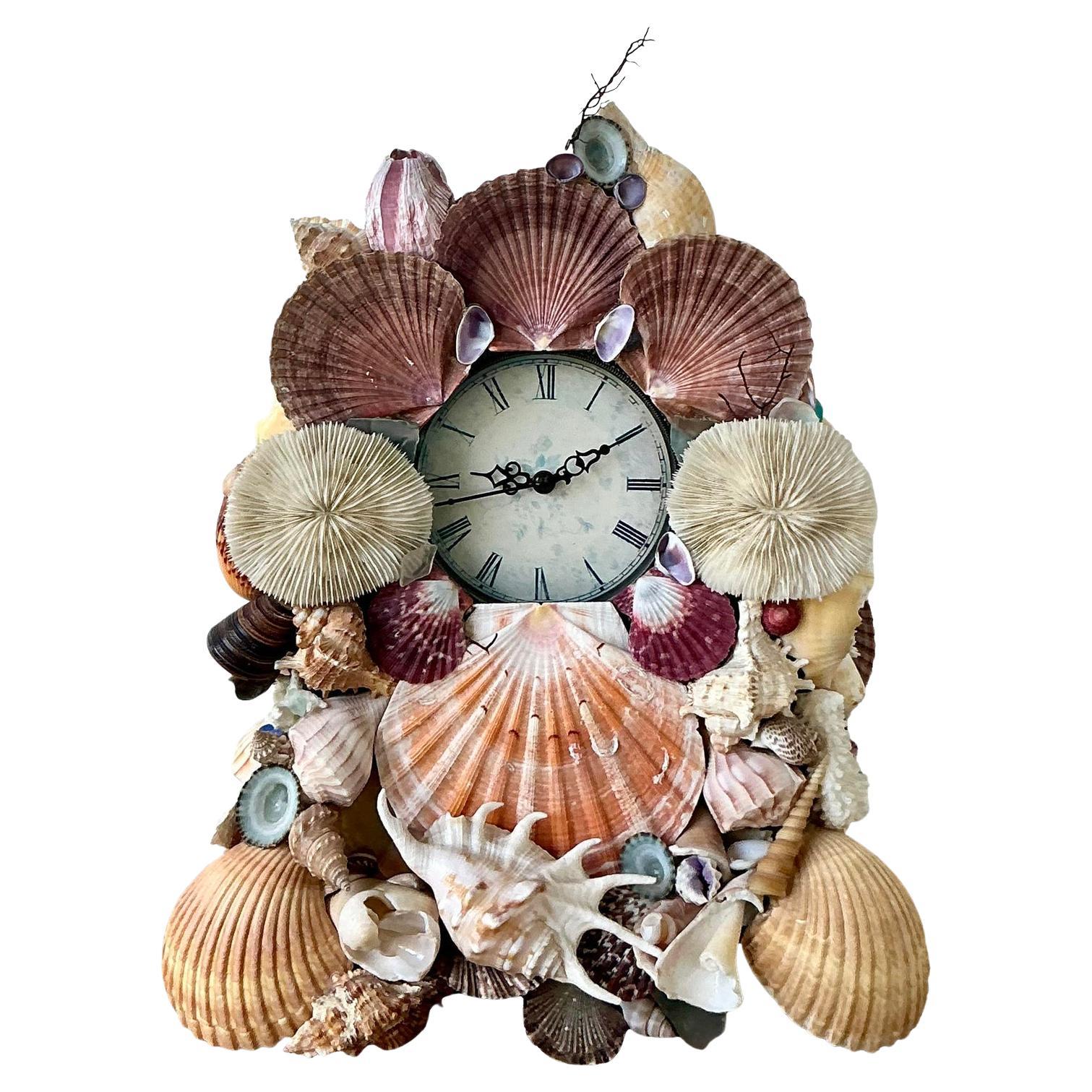 Horloge de manteau vintage Boho incrustée de coquillages