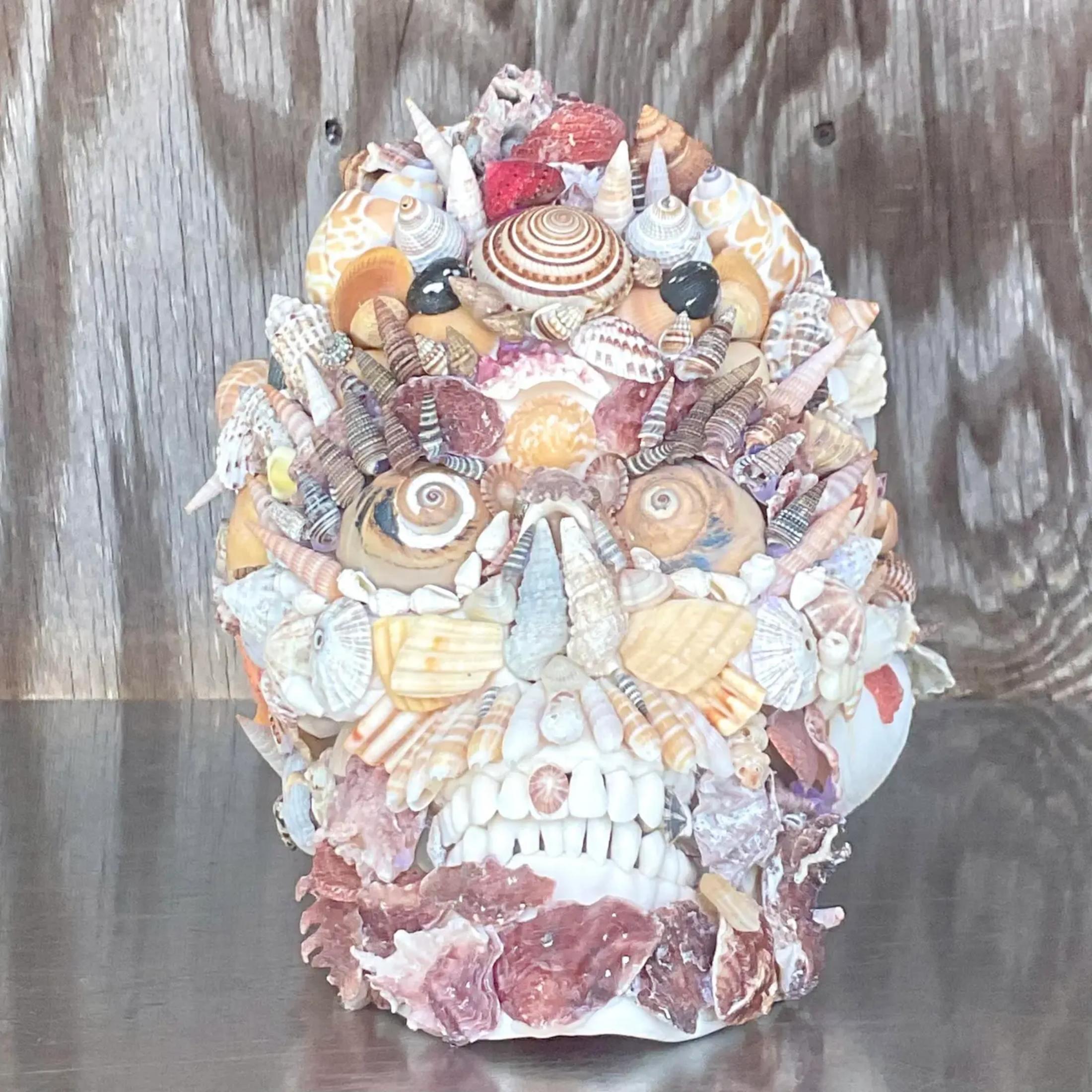 Vintage Boho Shell Encrusted Skull In Good Condition For Sale In west palm beach, FL