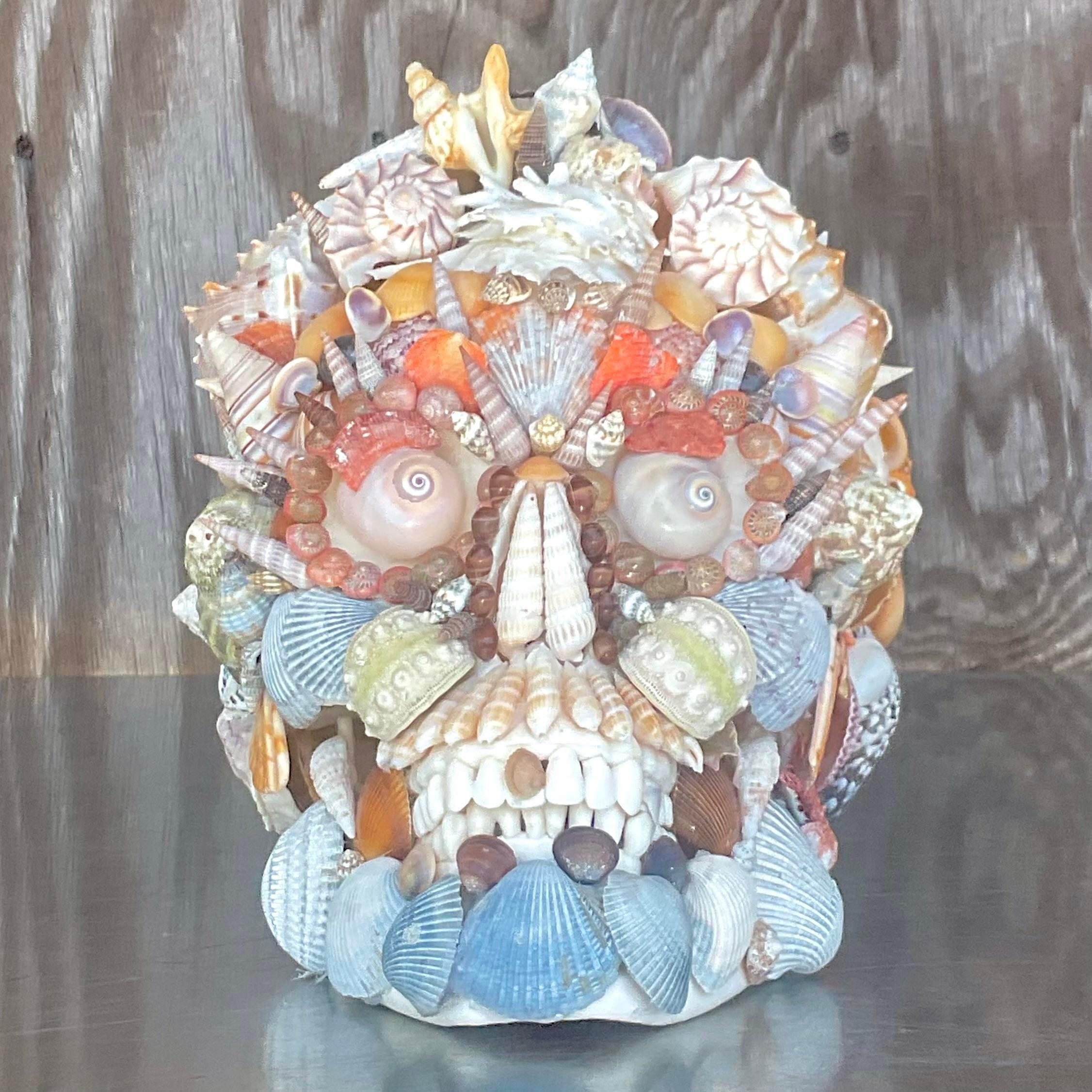 Vintage Boho Shell Encrusted Skull Signed In Good Condition For Sale In west palm beach, FL