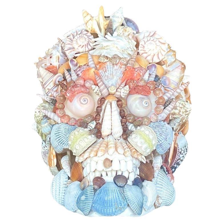 Vintage Boho Shell Encrusted Skull Signed For Sale