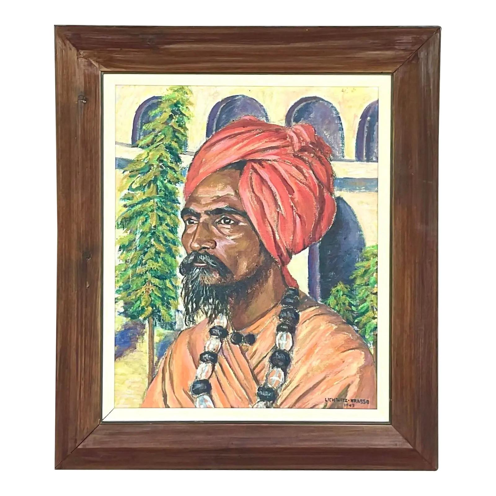 Incredible vintage 1941 original oil portrait. A chic composition of a handsome man in a red turban. A great dramatic addition to any room. Signed and dated by the artist. Acquired from a Palm Beach estate.