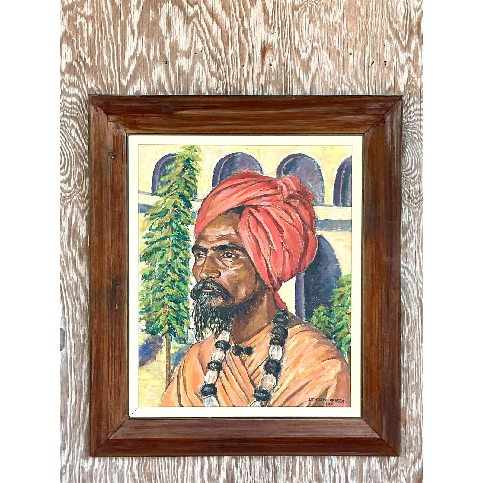North American Vintage Boho Signed 1941 Original Oil Painting of Man in Turban For Sale