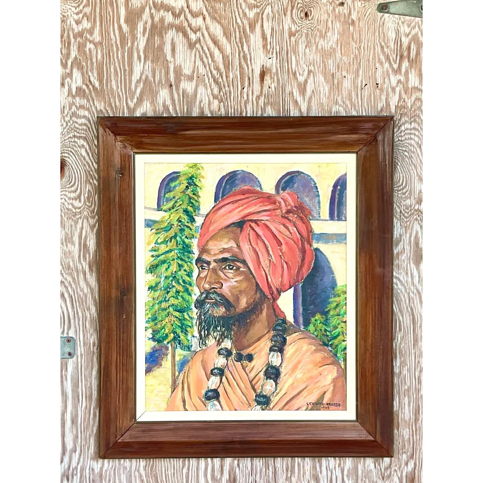 Vintage Boho Signed 1941 Original Oil Painting of Man in Turban In Good Condition For Sale In west palm beach, FL