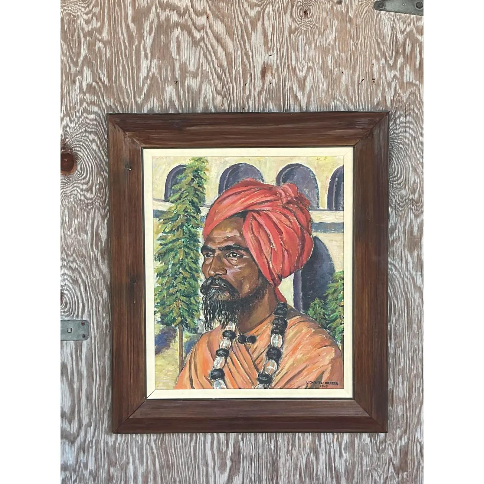 Mid-20th Century Vintage Boho Signed 1941 Original Oil Painting of Man in Turban For Sale