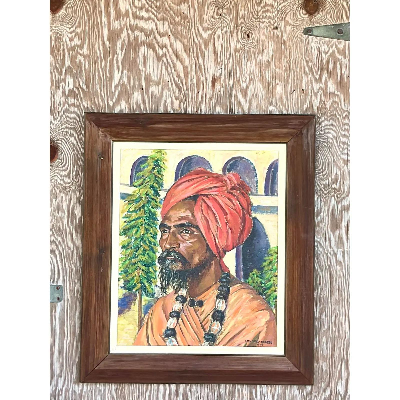 Vintage Boho Signed 1941 Original Oil Painting of Man in Turban For Sale 2