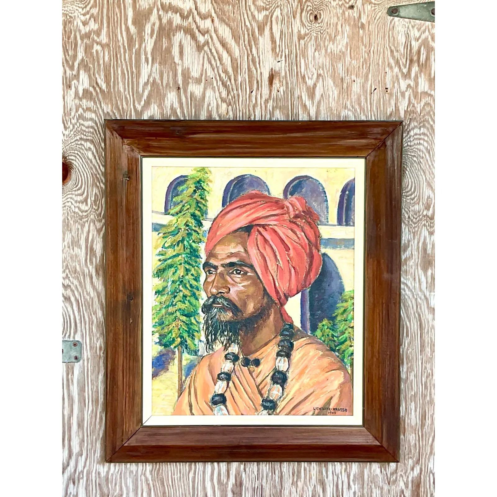Vintage Boho Signed 1941 Original Oil Painting of Man in Turban For Sale 3
