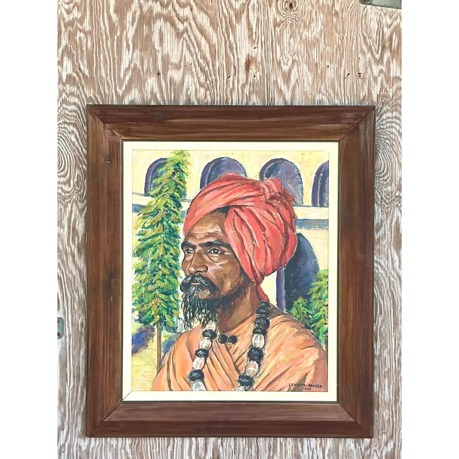 Vintage Boho Signed 1941 Original Oil Painting of Man in Turban For Sale 4