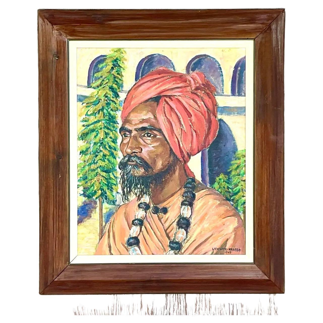 Vintage Boho Signed 1941 Original Oil Painting of Man in Turban For Sale