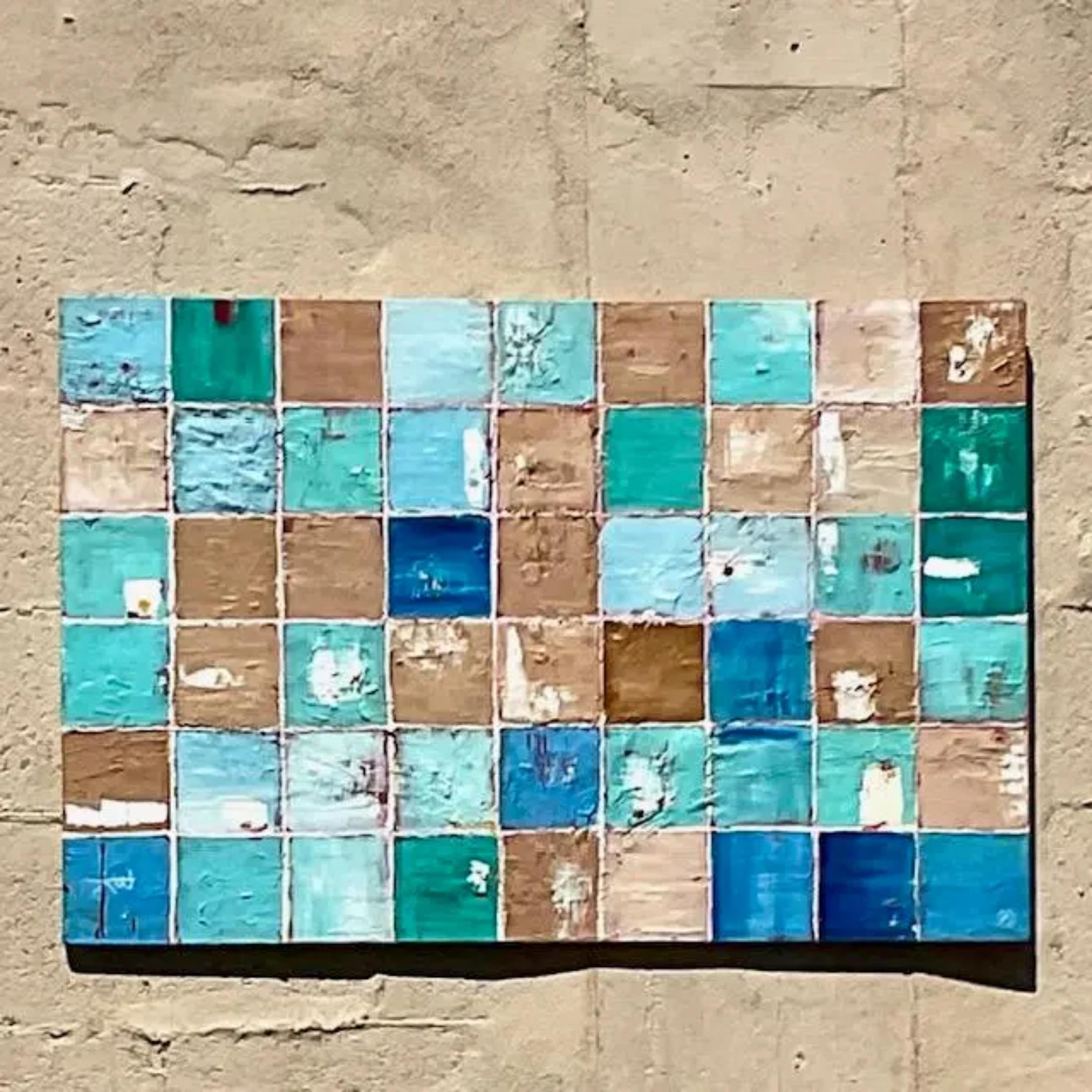 A fantastic vintage Boho original oil painting on canvas. A chic geometric abstract in pale blues and tans. Signed by the artist. Acquired from a Palm Beach estate