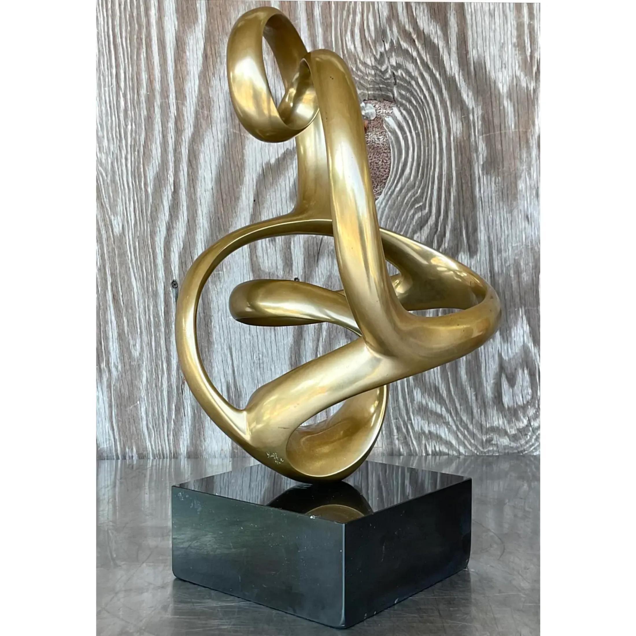20th Century Vintage Boho Signed Abstract Brass Sculpture For Sale