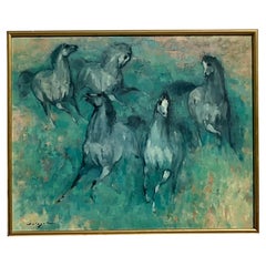 Vintage Boho Signed Abstract Expressionism Original Oil Painting of Horses
