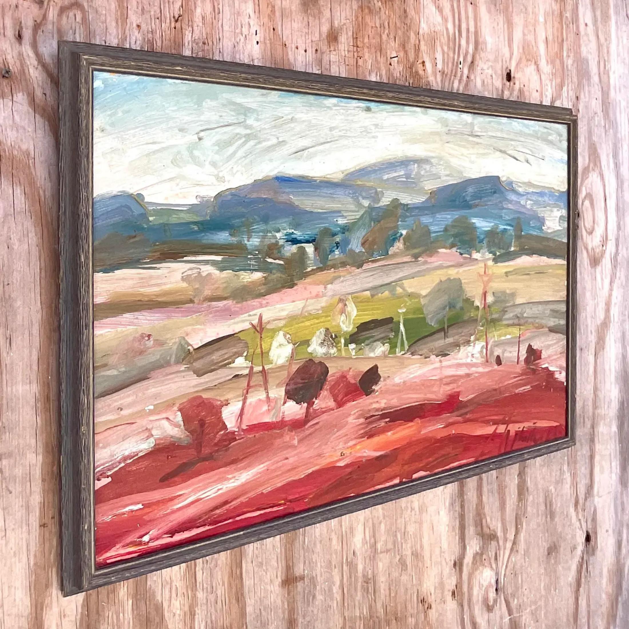 A fabulous vintage Boho original oil painting on canvas. A chic Abstract Expressionist Landscape in pale clear colors. Signed by the artist. Acquired from a Palm Beach estate