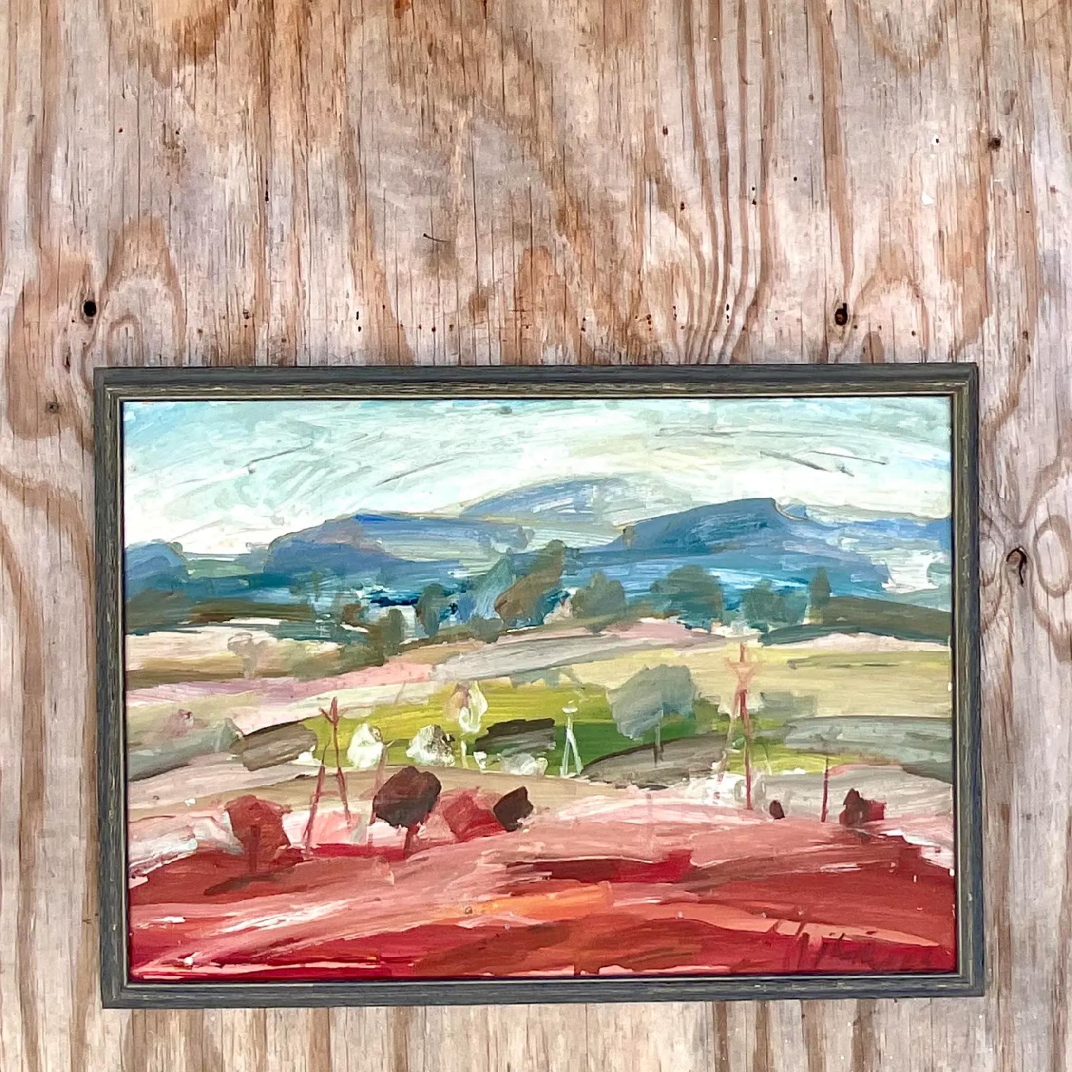 Bohemian Vintage Boho Signed Abstract Expressionist Landscape Original Oil on Canvas For Sale