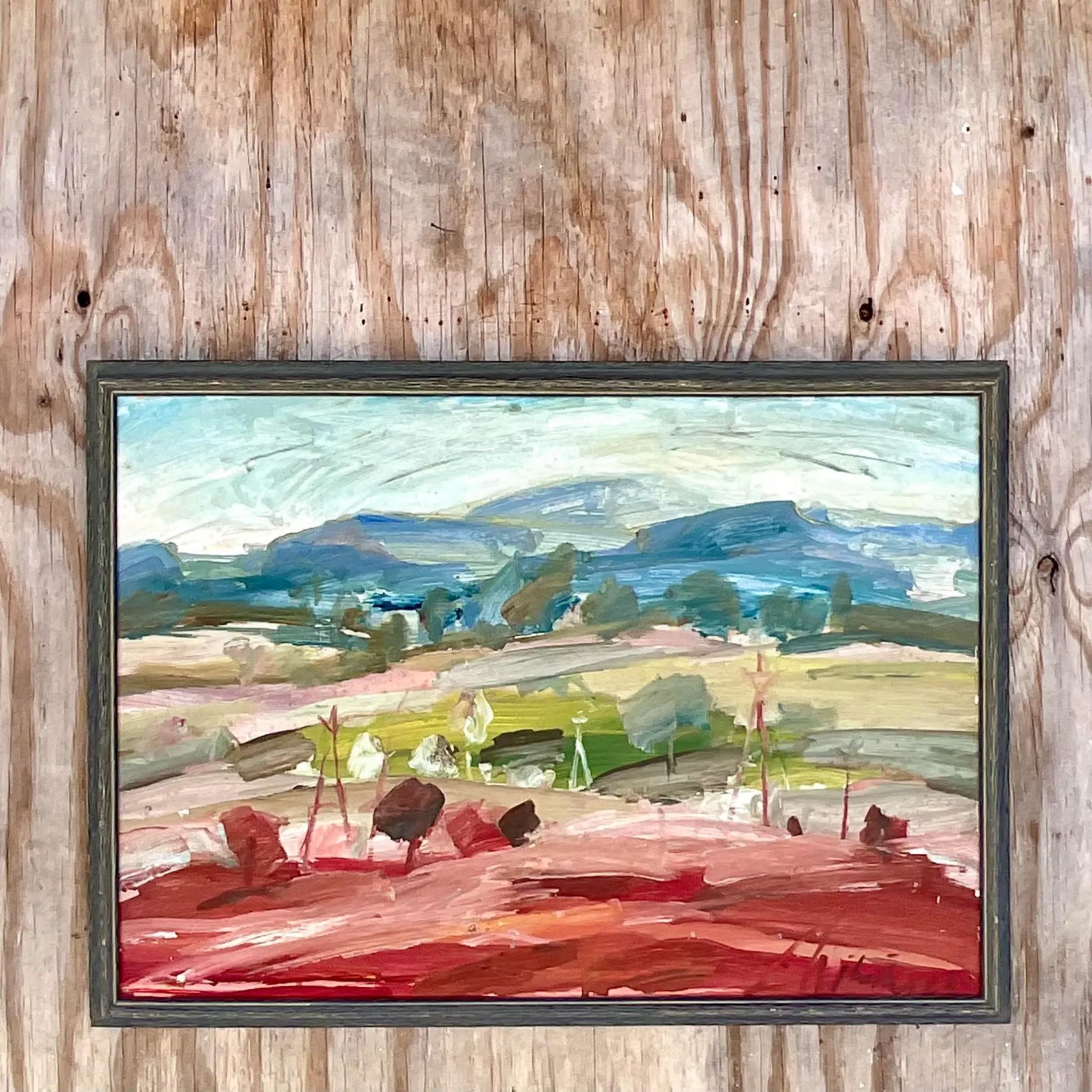 American Vintage Boho Signed Abstract Expressionist Landscape Original Oil on Canvas For Sale