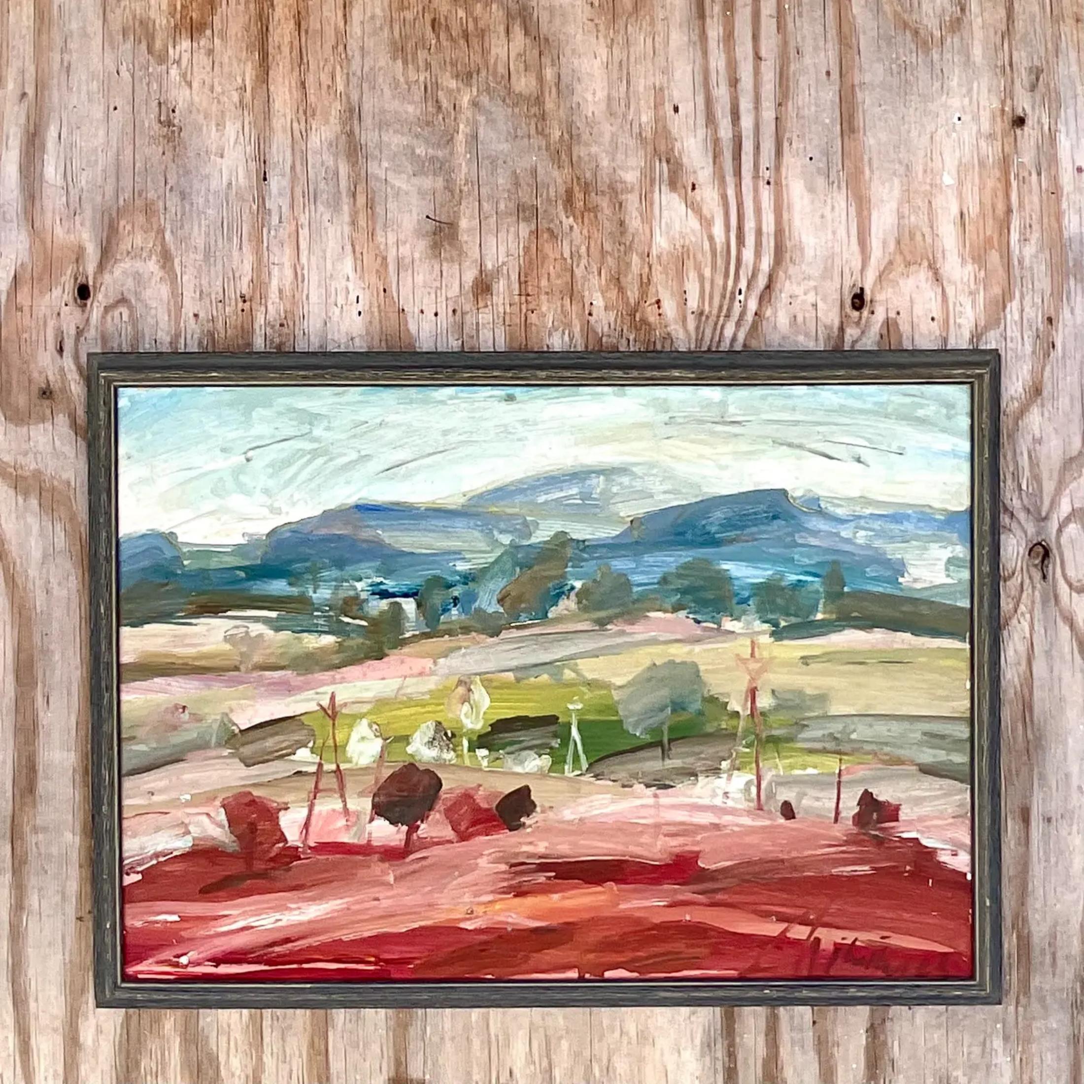 Vintage Boho, signierte abstrakte expressionistische Landschaft, Original, Öl auf Leinwand, Vintage (20. Jahrhundert) im Angebot
