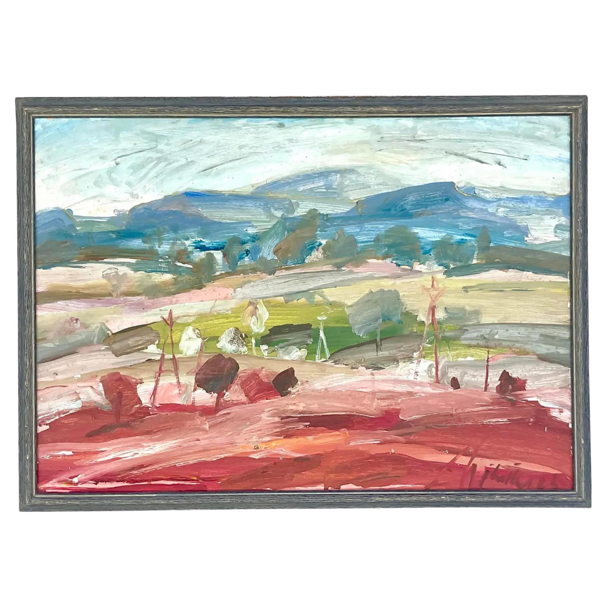 Vintage Boho, signierte abstrakte expressionistische Landschaft, Original, Öl auf Leinwand, Vintage im Angebot