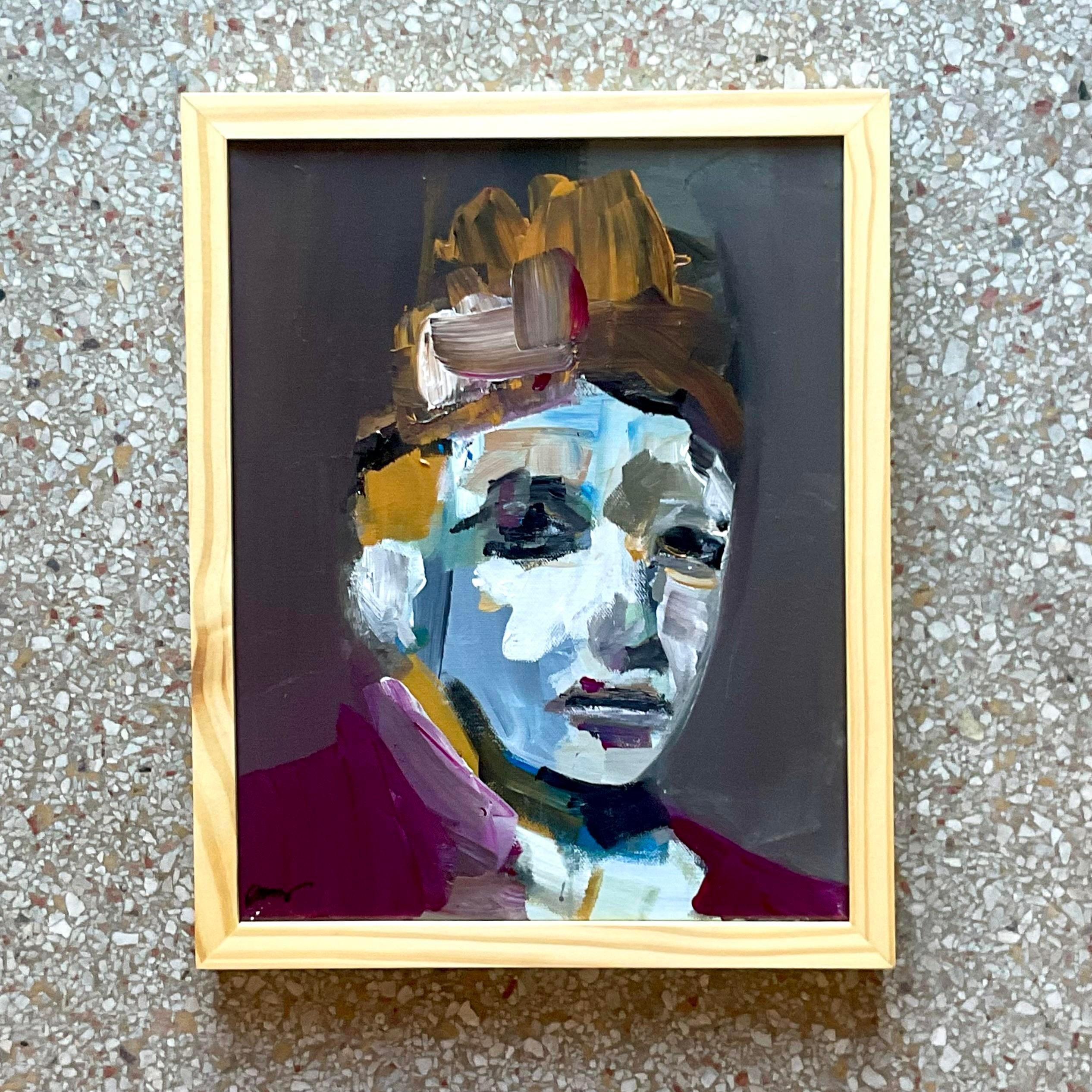 A fabulous vintage Boho original oil portrait on canvas. A chic Abstract Figural in rich deep colors. Signed by the artist. Acquired from a Palm Beach estate.