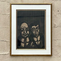 Vintage Boho Signed Abstract Lithograph of Two Men