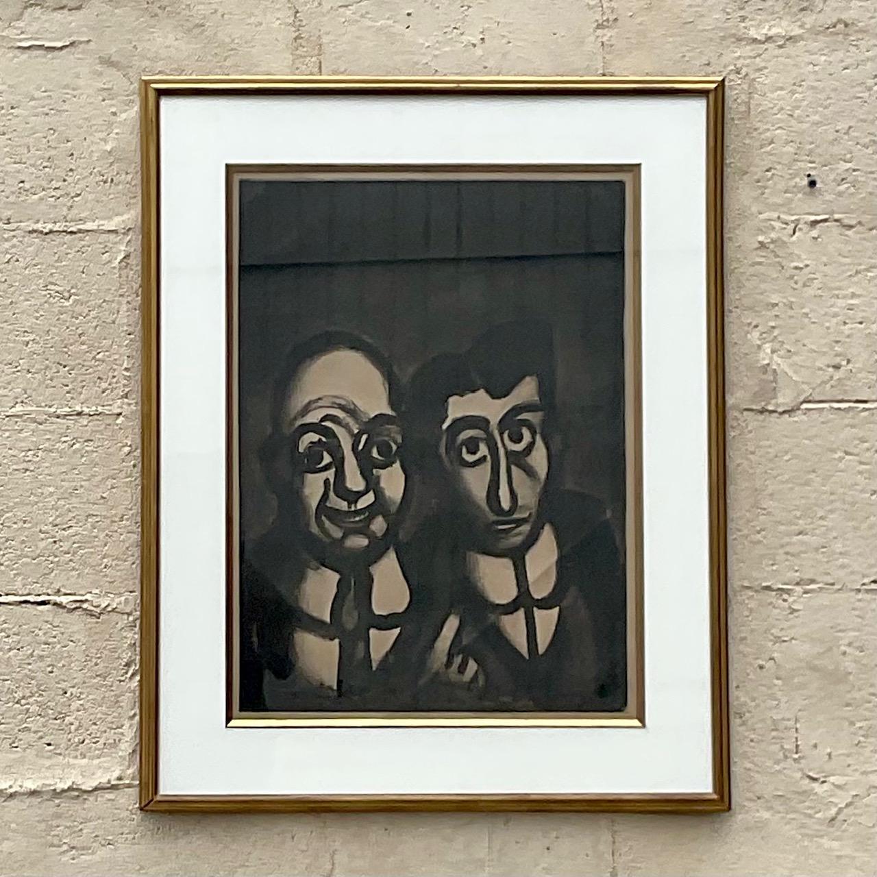Vintage Boho Signed Abstract Lithograph of Two Men In Good Condition For Sale In west palm beach, FL