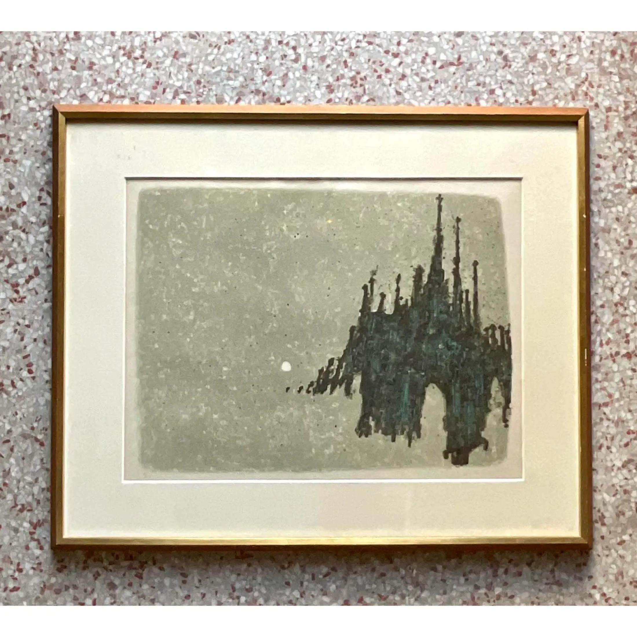 A fantastic vintage Boho original signed lithograph. A chic Abstract skyline with flashes of light. Signed by the artist. Acquired from a Palm Beach estate