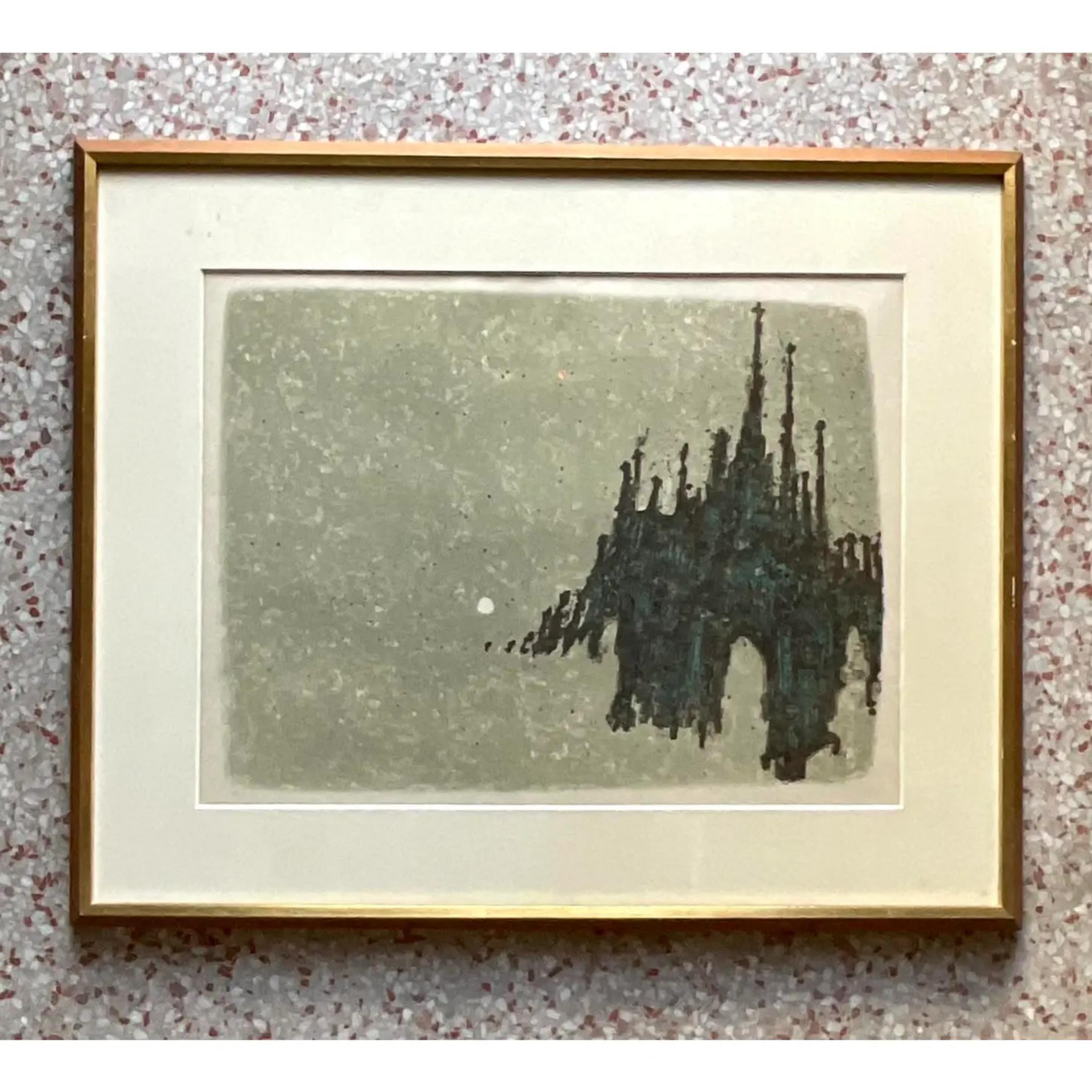 Vintage Boho Signed Abstract Original Lithograph on Paper In Good Condition For Sale In west palm beach, FL