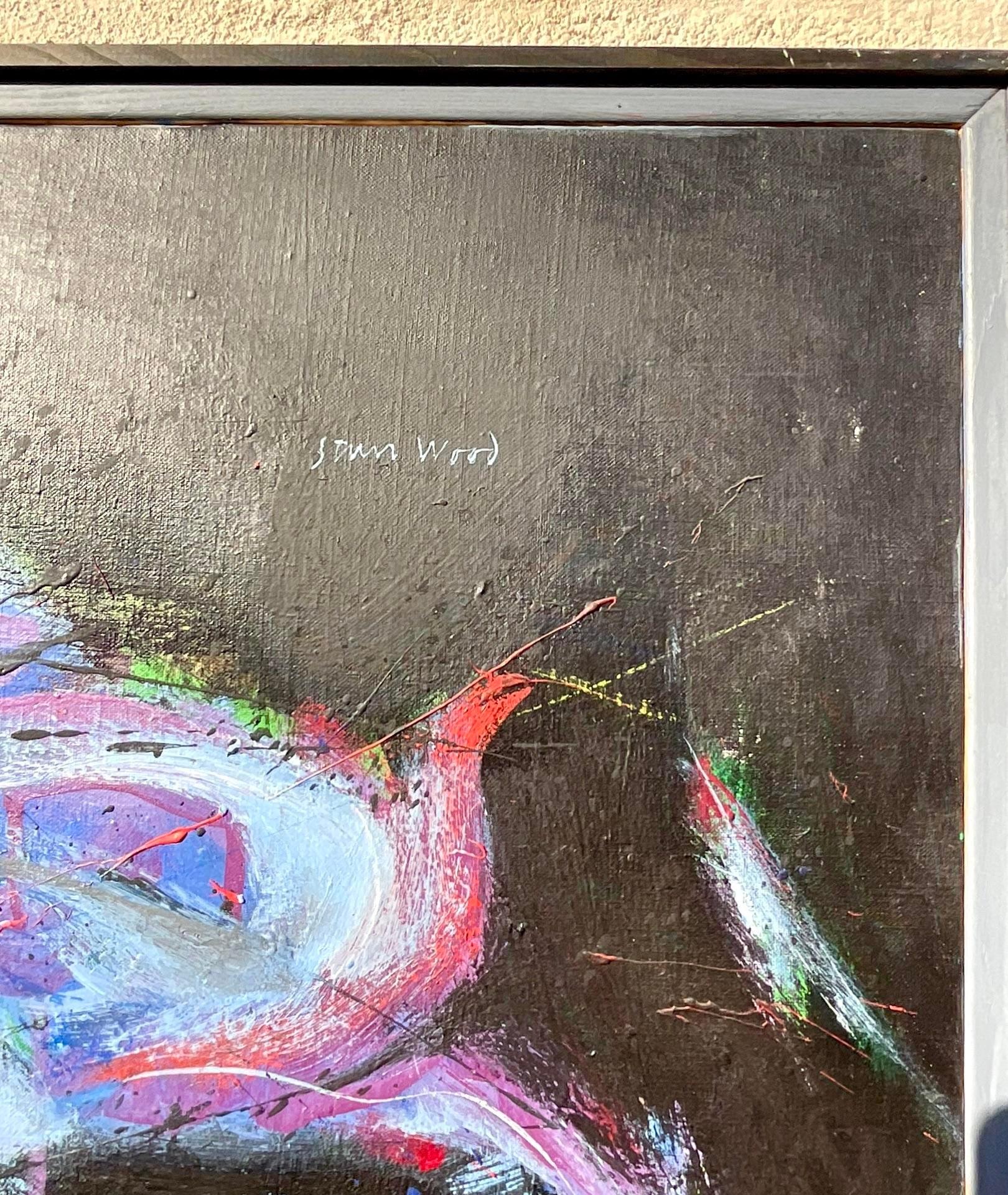 A fantastic vintage Boho original oil on board. A chic Abstract composition in brilliant colors on a black background. Signed by the artist. Acquired from a Palm Beach estate. 