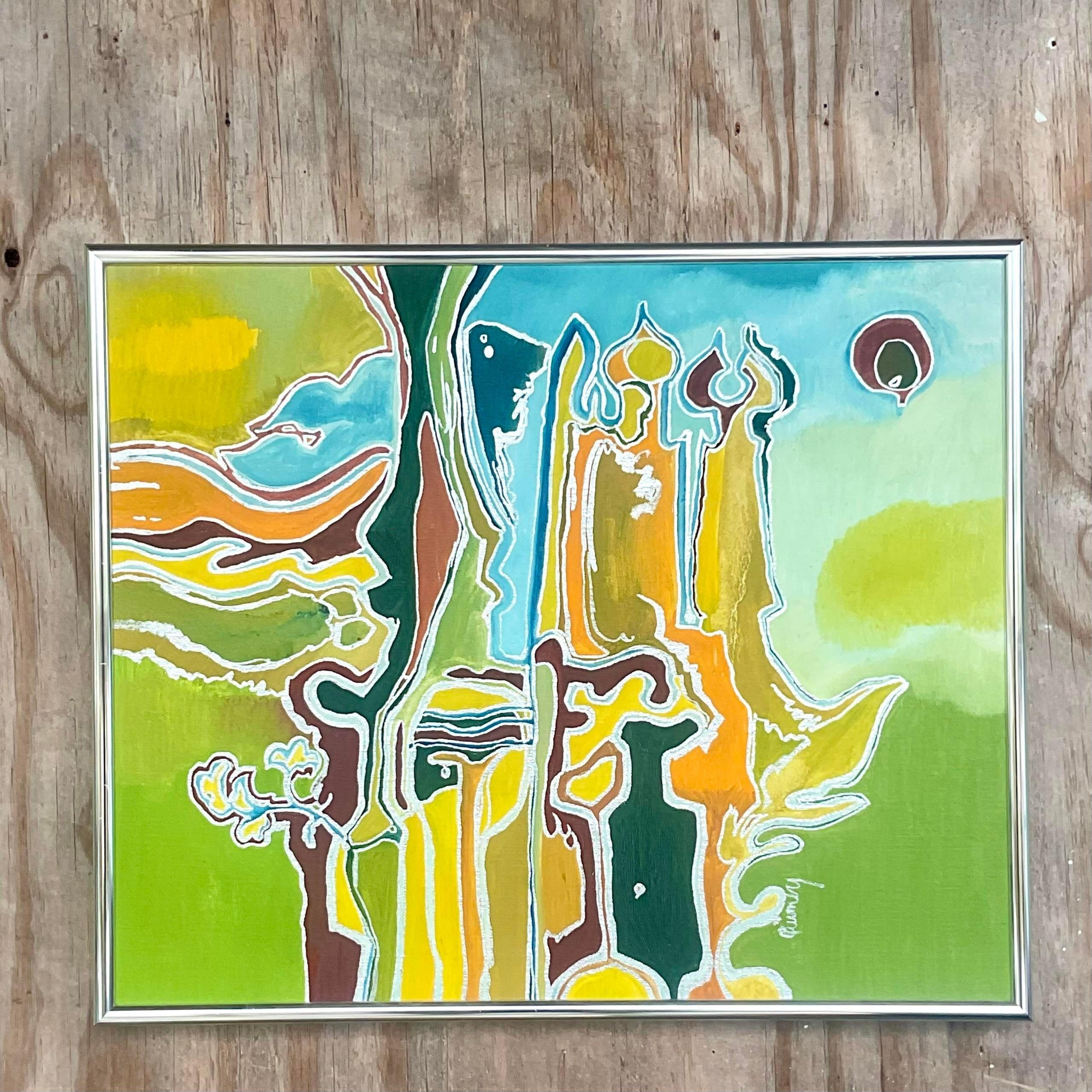 A fantastic vintage Boho original oil on canvas. Brilliant colors in the chic Abstract composition. Signed by the artist. Acquired from a Palm Beach estate. 