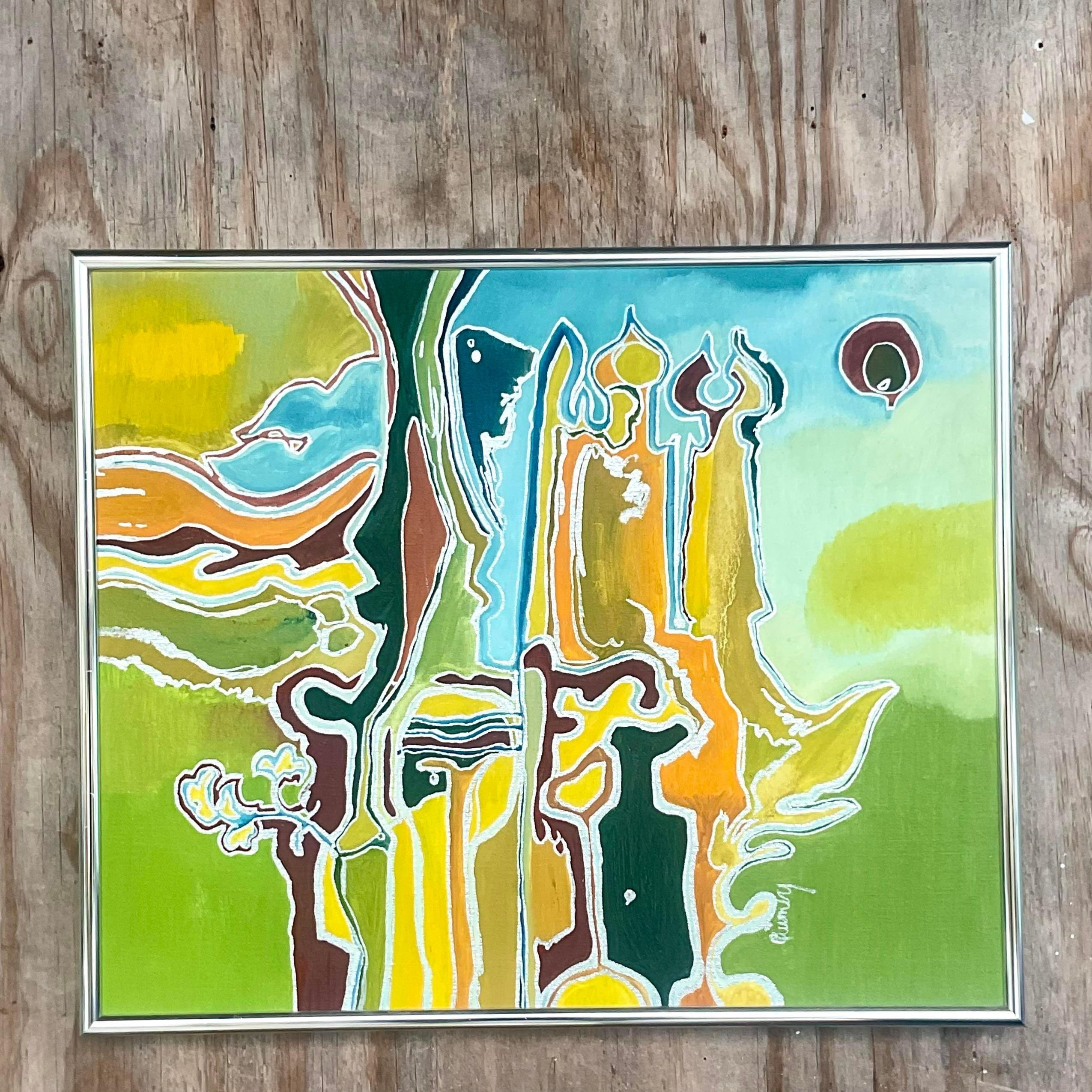 Vintage Boho Signed Abstract Original Oil on Canvas In Good Condition For Sale In west palm beach, FL