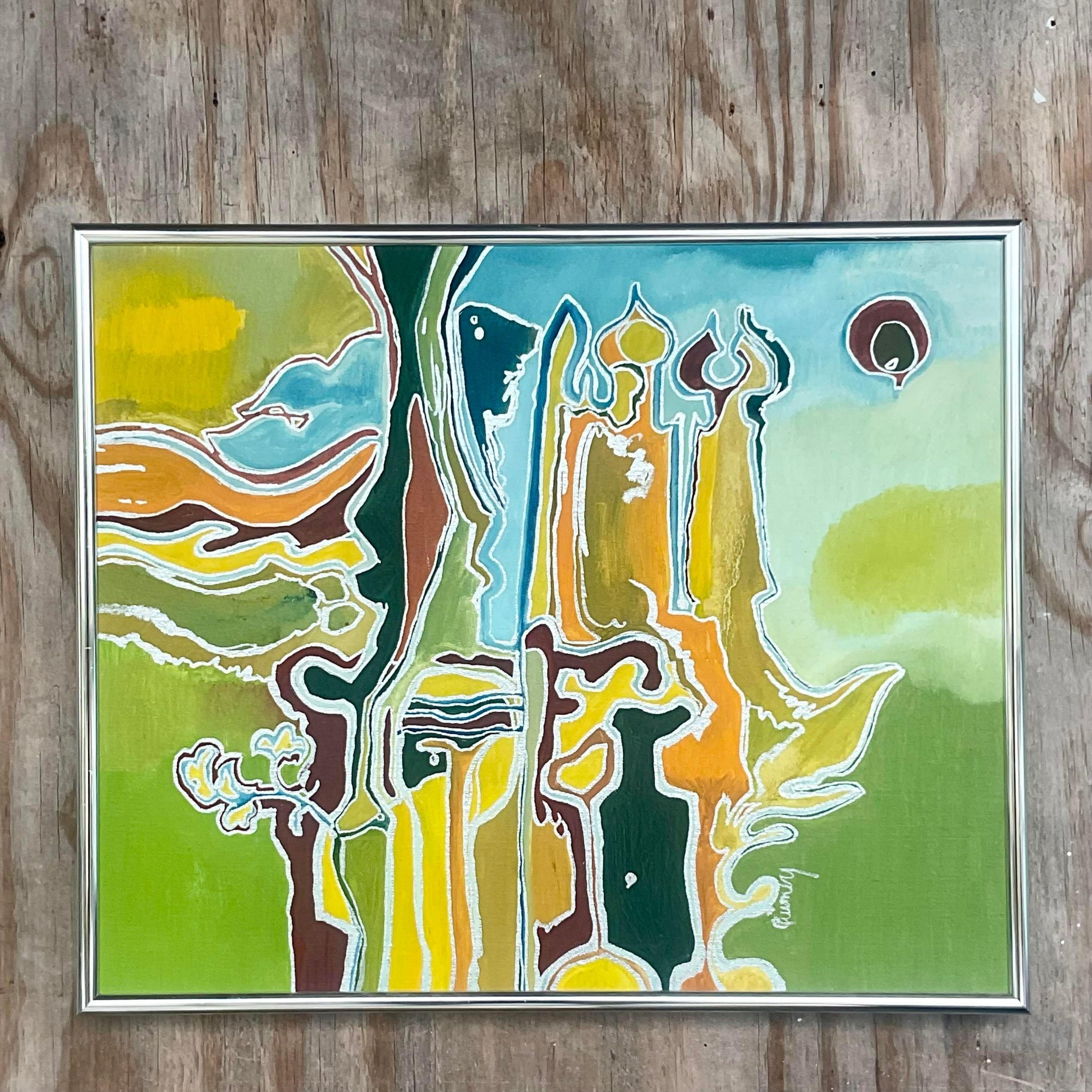 Vintage Boho Signed Abstract Original Oil on Canvas For Sale 2