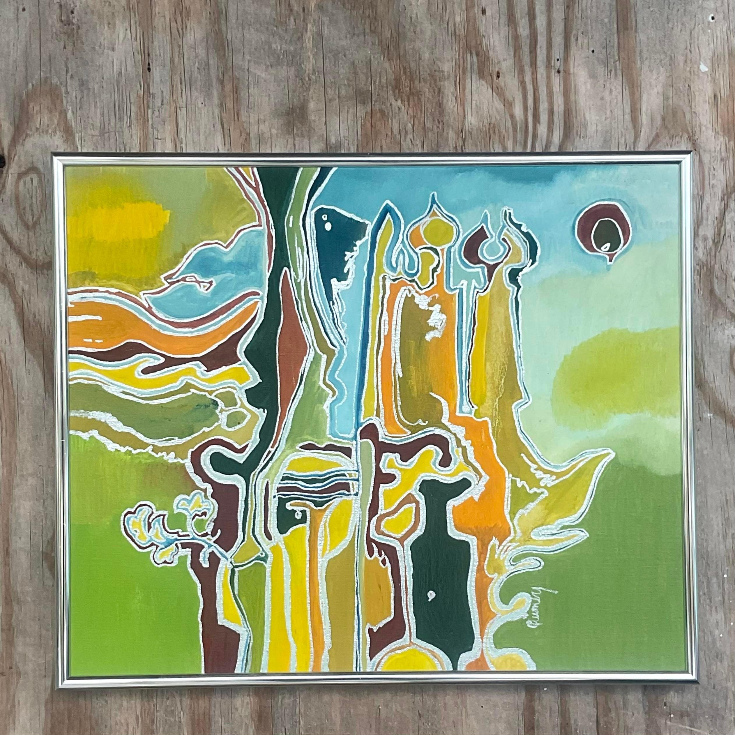 Vintage Boho Signed Abstract Original Oil on Canvas For Sale 4