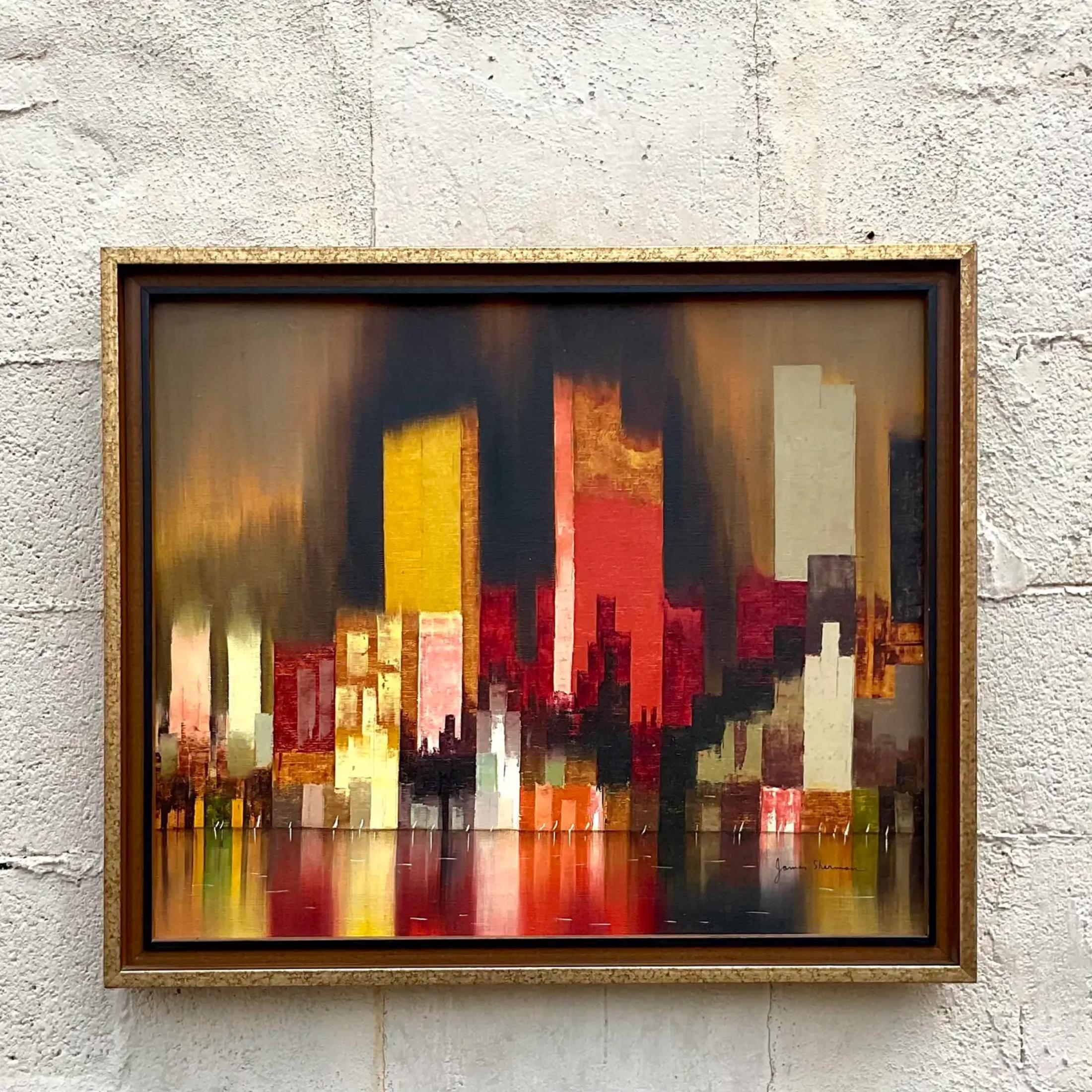 A fabulous vintage Boho original oil painting on canvas. A chic Abstract composition in rich warm colors. Signed by the artist. Acquired from a palm Beach estate