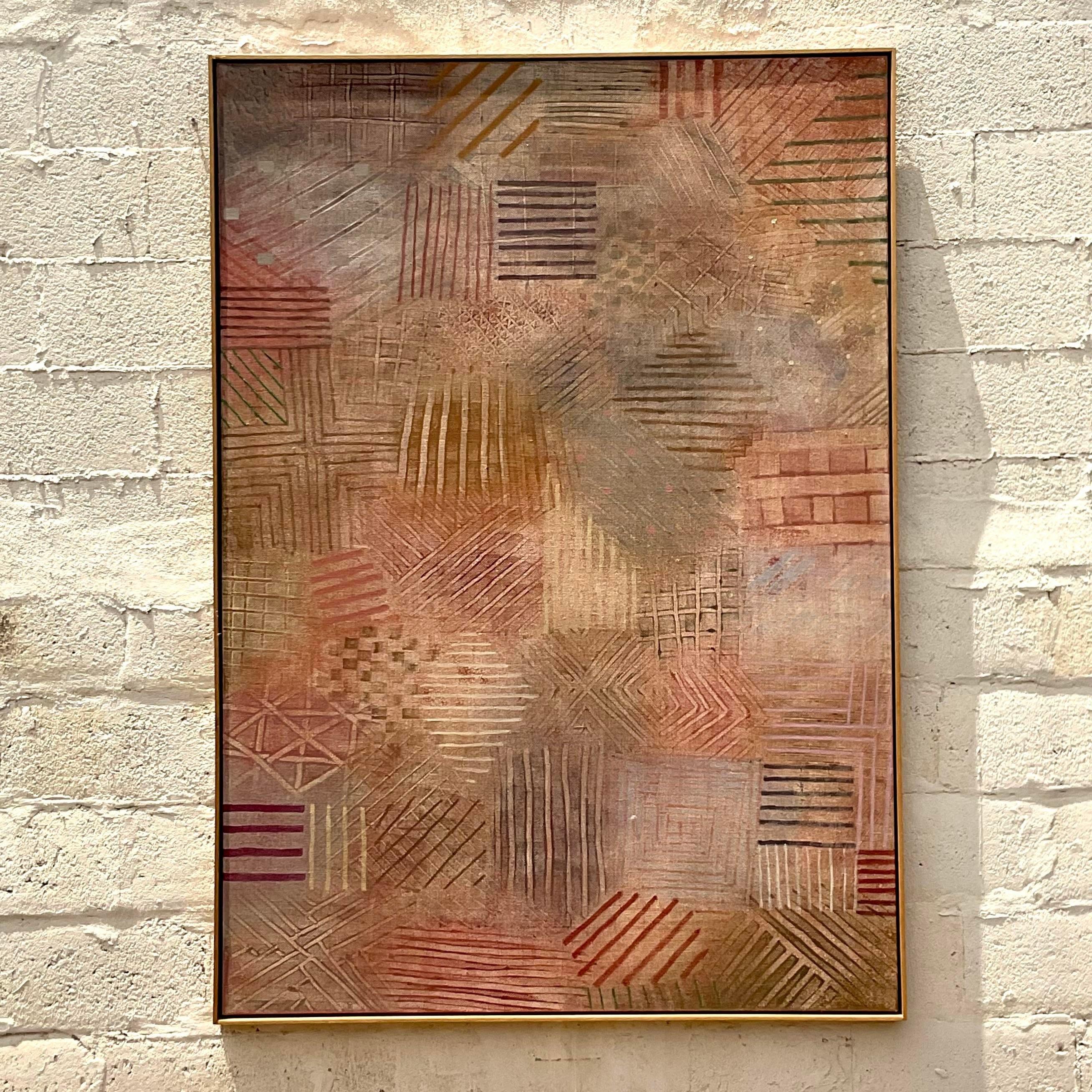A fantastic vintage Boho original oil painting on canvas. A chic neutral abstract signed and dated by the artist 1983.