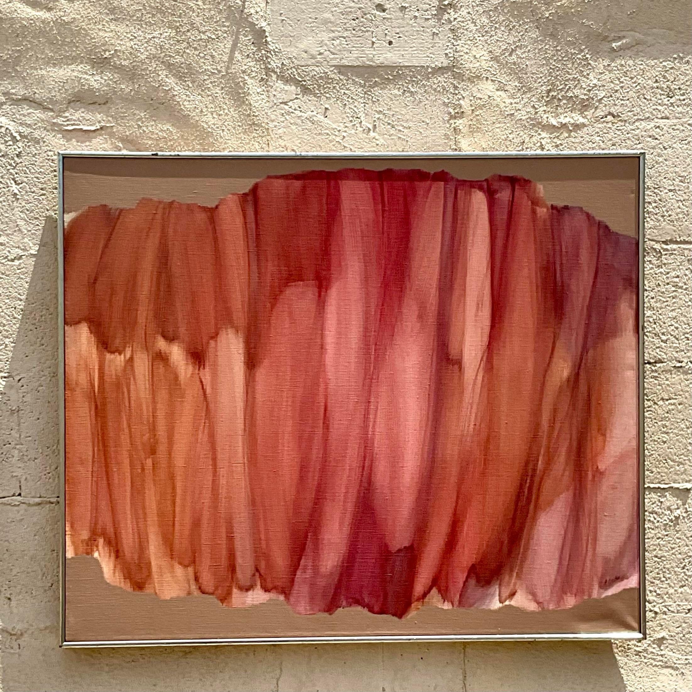 An incredible vintage Boho original oil on canvas. A chic abstract composition in brilliant shades of orange. Signed and dated by the artist. Acquired from a Palm Beach estate.