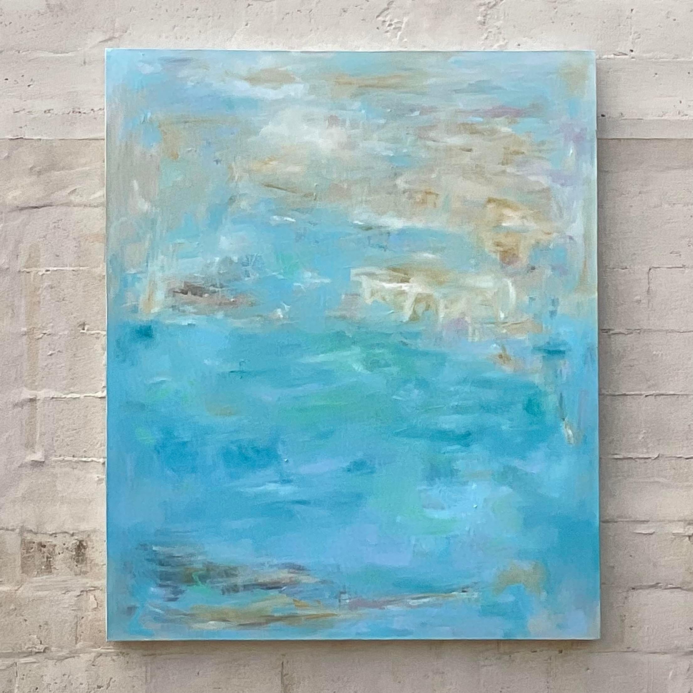 A fabulous vintage Boho original painting on canvas. A brilliant Abstract composition signed by the artist. Beautiful shades of blue and sand colors. Acquired from a Palm Beach estate.