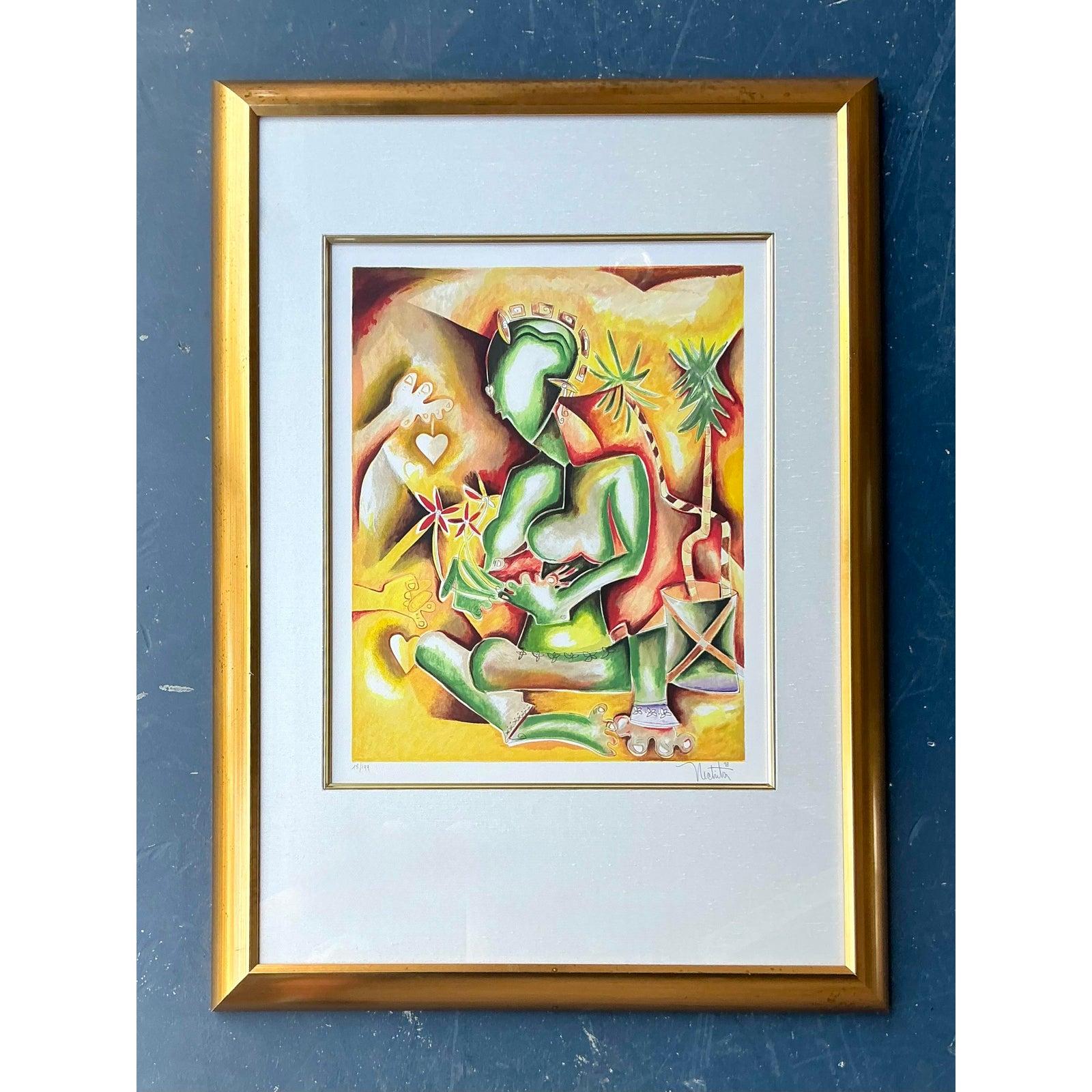 Vintage Boho Signierte und nummerierte Lithographie (Glas) im Angebot