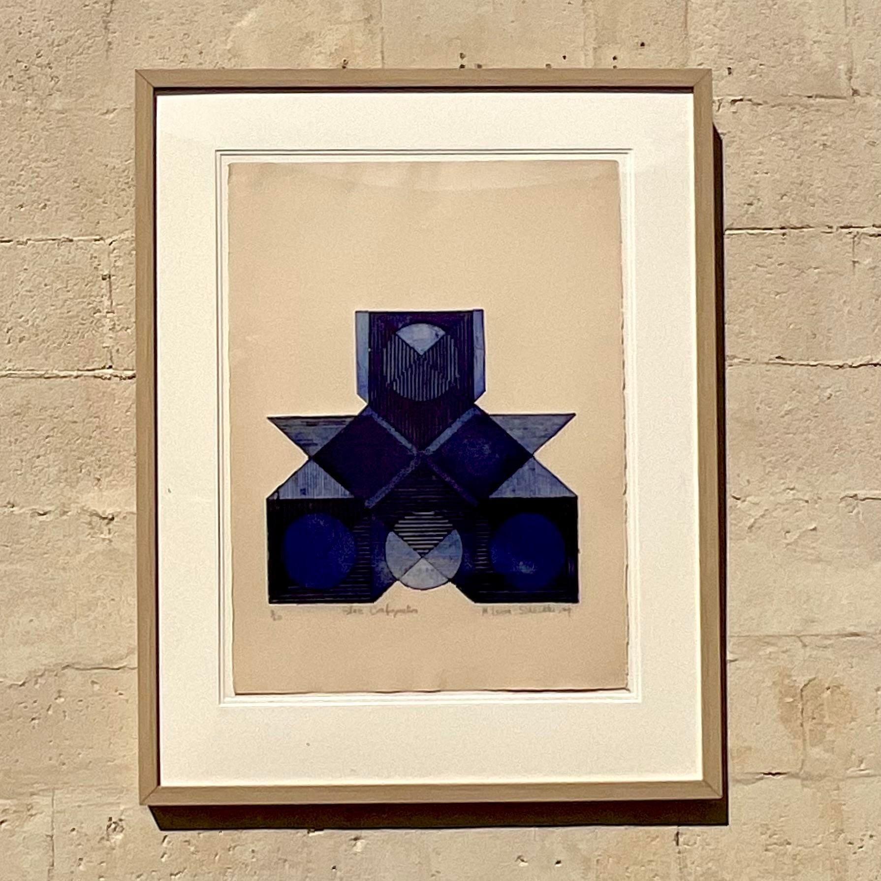 A fantastic vintage Boho Serigraph. A range of deep blues in the geometric Abstract composition. Signed and numbered by the artist. Acquired from a Palm Beach estate