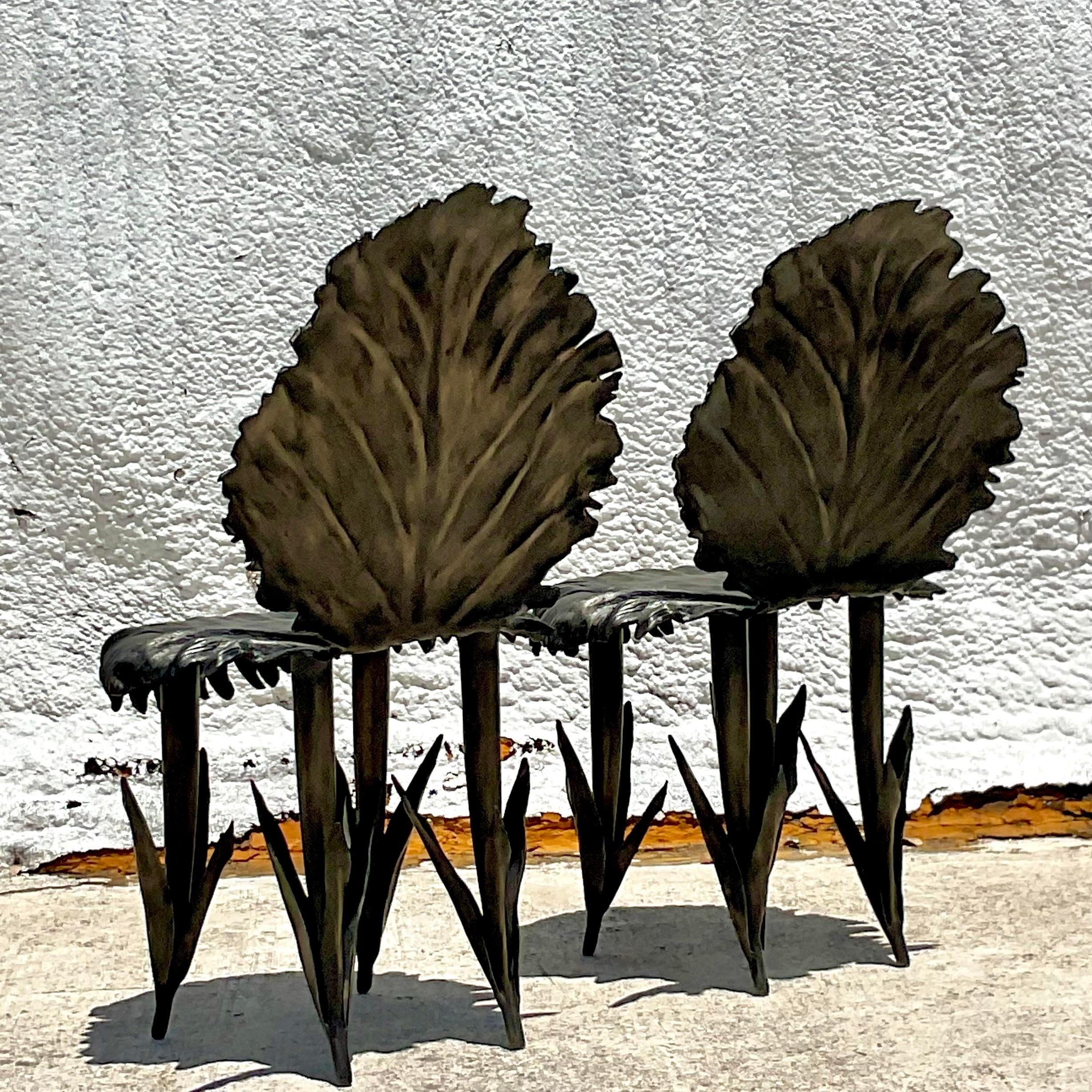 Vintage Boho Signed Artisan Made Bronze Leaf Chairs - a Pair In Good Condition In west palm beach, FL