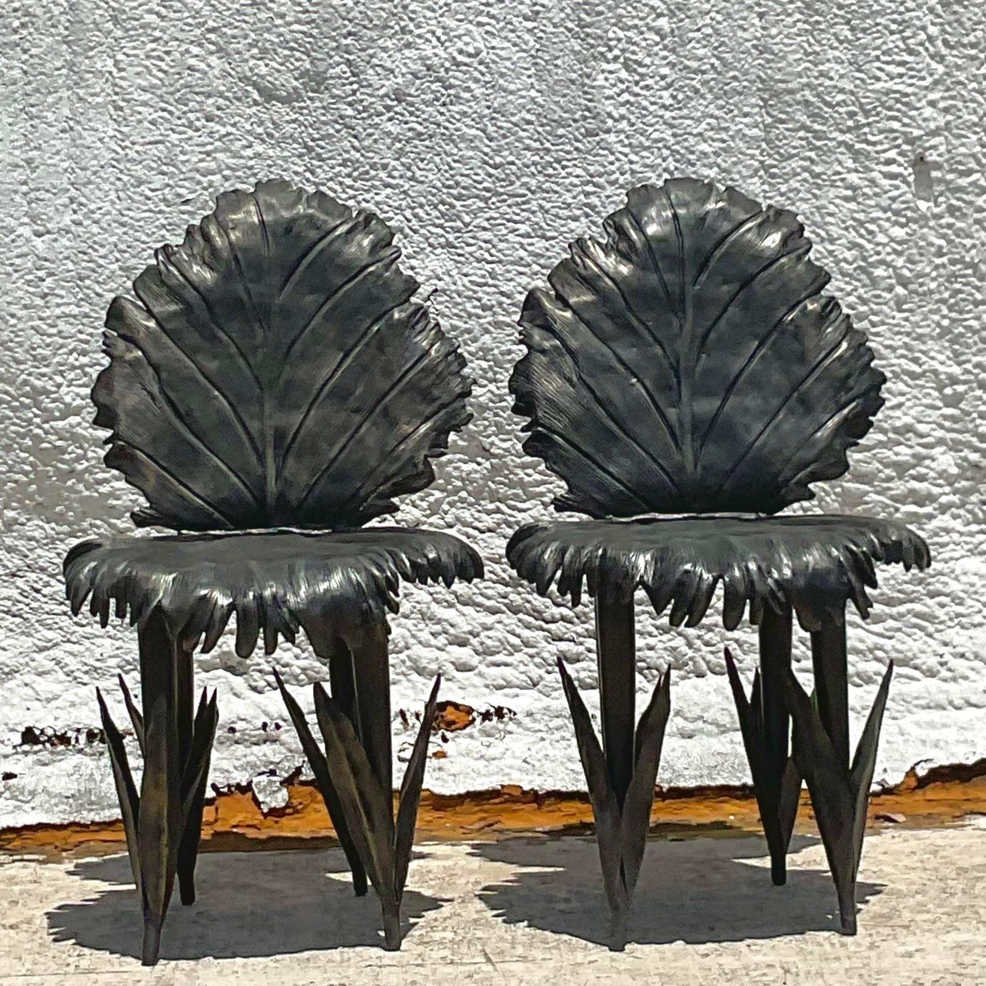 Contemporary Vintage Boho Signed Artisan Made Bronze Leaf Chairs - a Pair