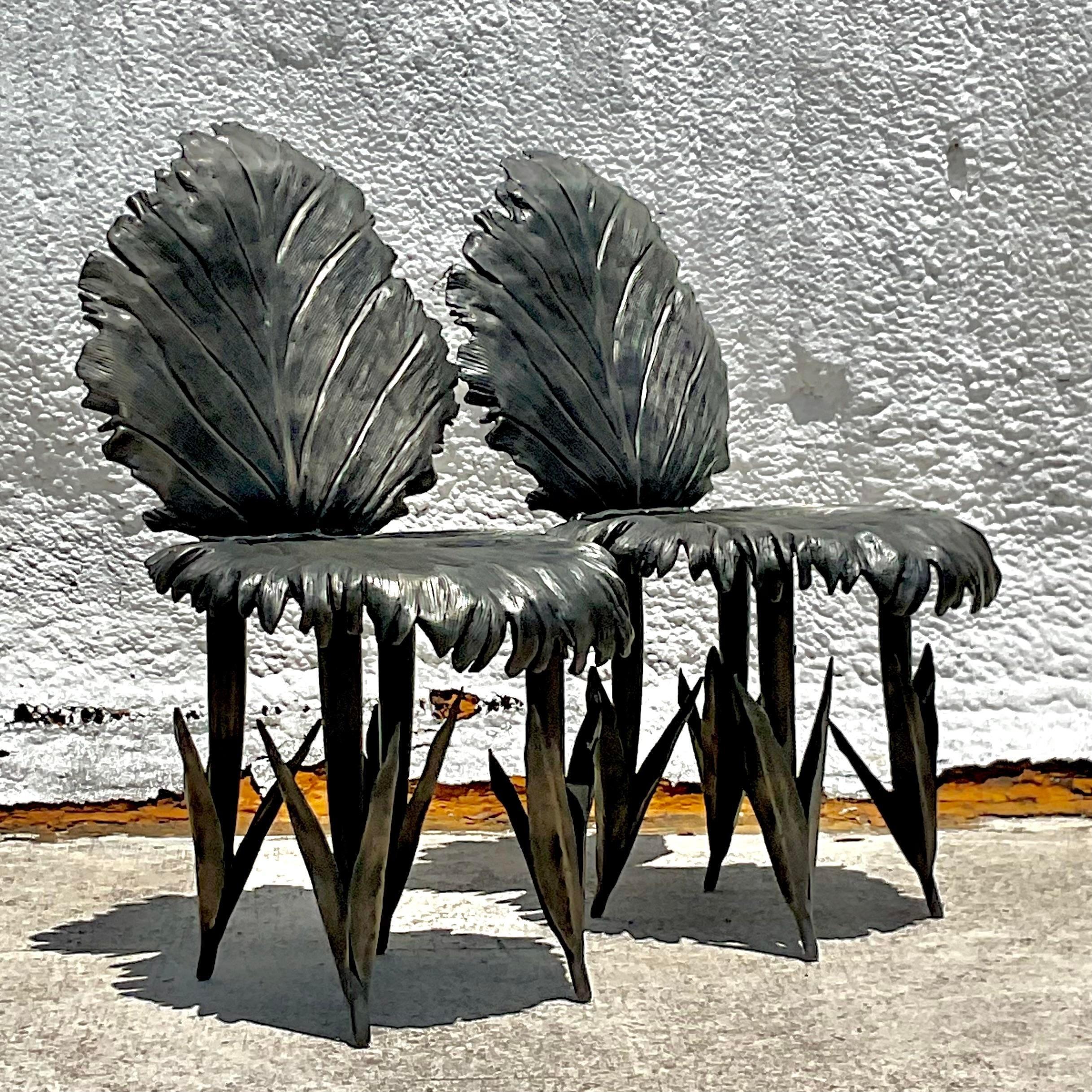 Vintage Boho Signed Artisan Made Bronze Leaf Chairs - a Pair 1