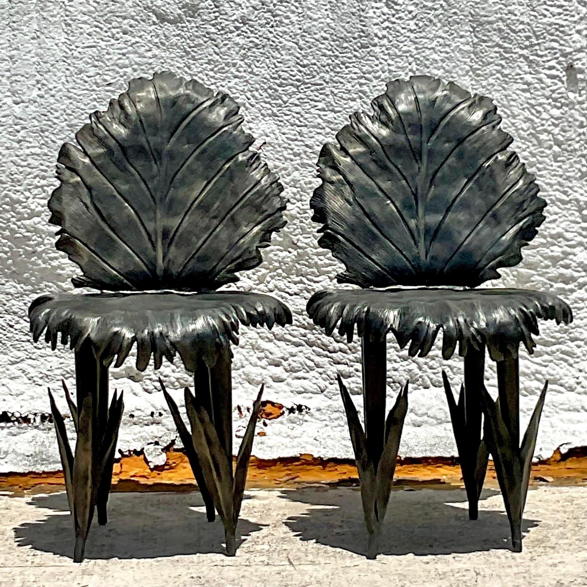 Chaises Vintage Boho Signées Artisan Feuille de Bronze - une Paire 2