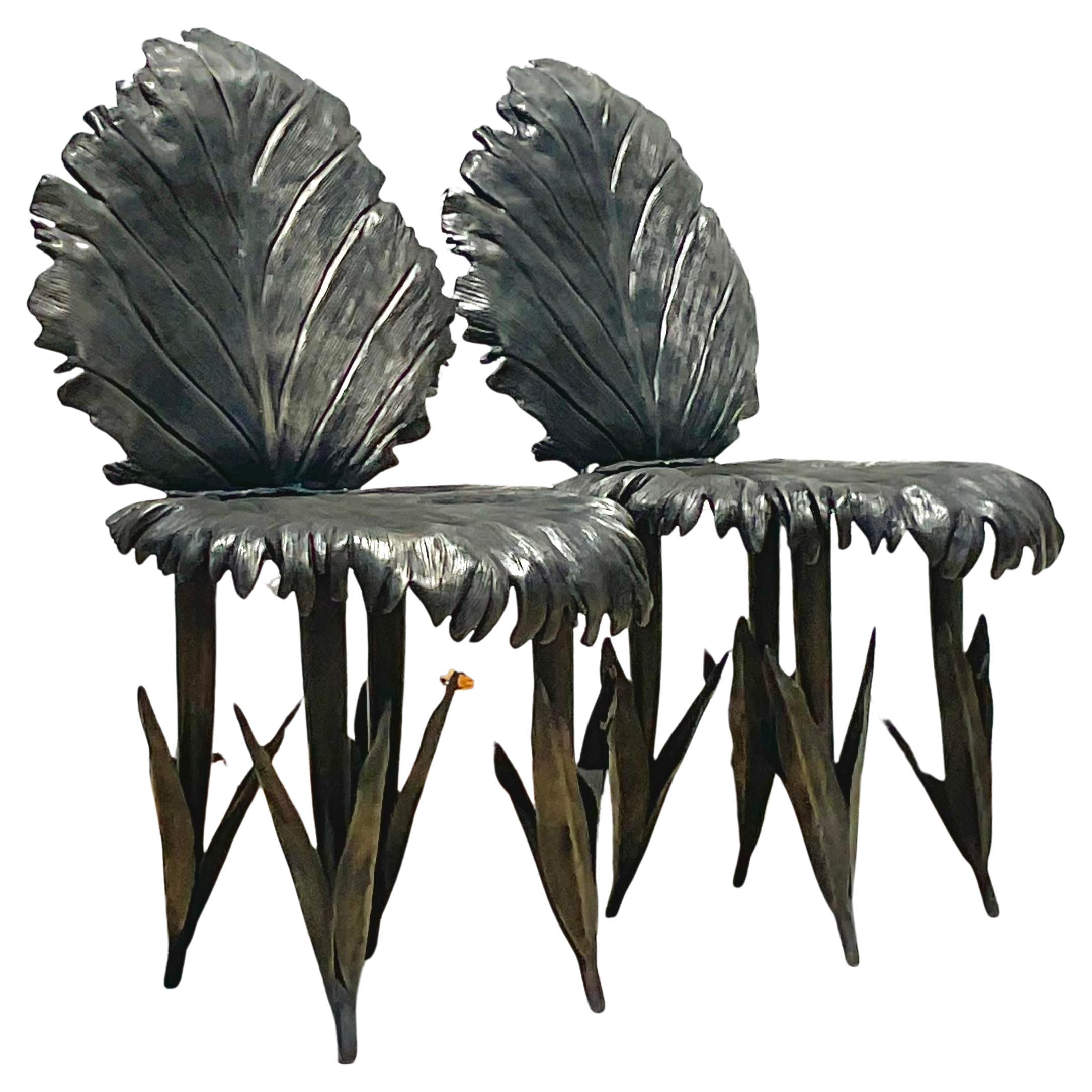 Chaises Vintage Boho Signées Artisan Feuille de Bronze - une Paire