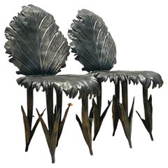 Vintage Boho Signed Artisan Made Bronze Leaf Chairs, a Pair