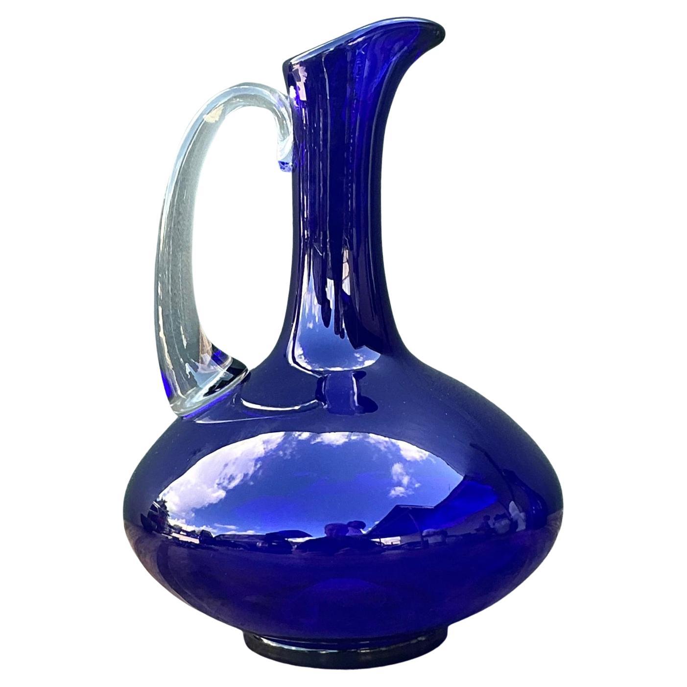 Vintage Boho Signed Blue Art Glass Pitcher