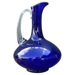 Vintage Boho Signed Blue Art Glass Pitcher