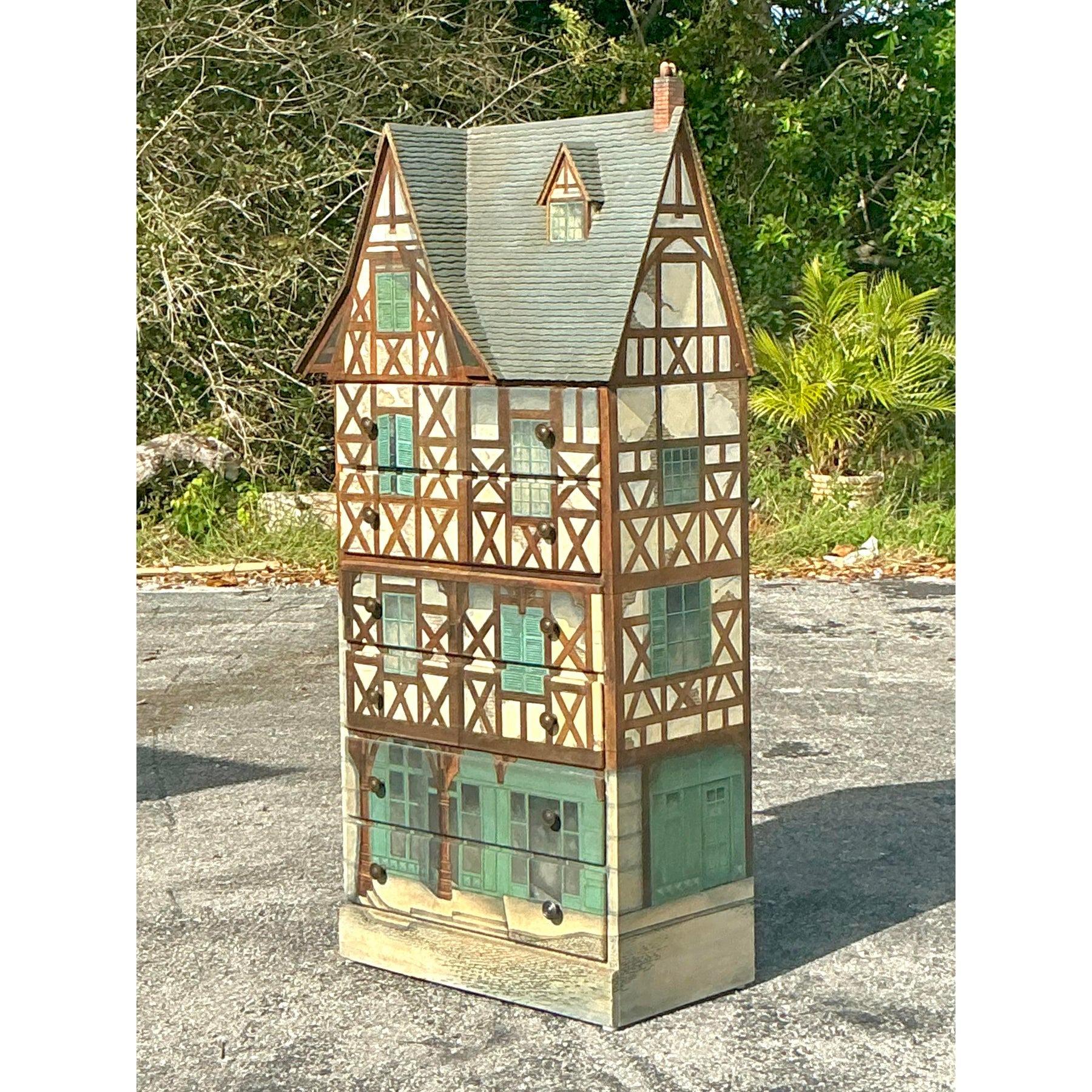 Vintage Boho Signed Carolyn Wernimont Tudor House Chest of Drawers For Sale 5