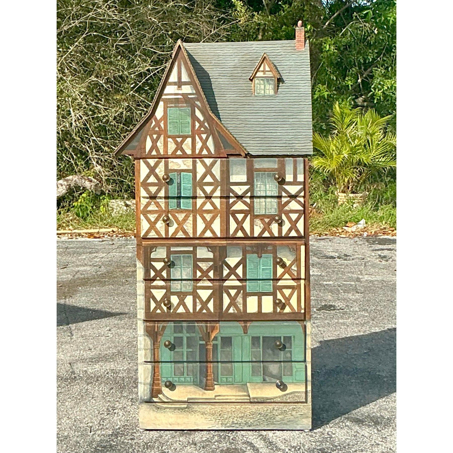 20th Century Vintage Boho Signed Carolyn Wernimont Tudor House Chest of Drawers For Sale