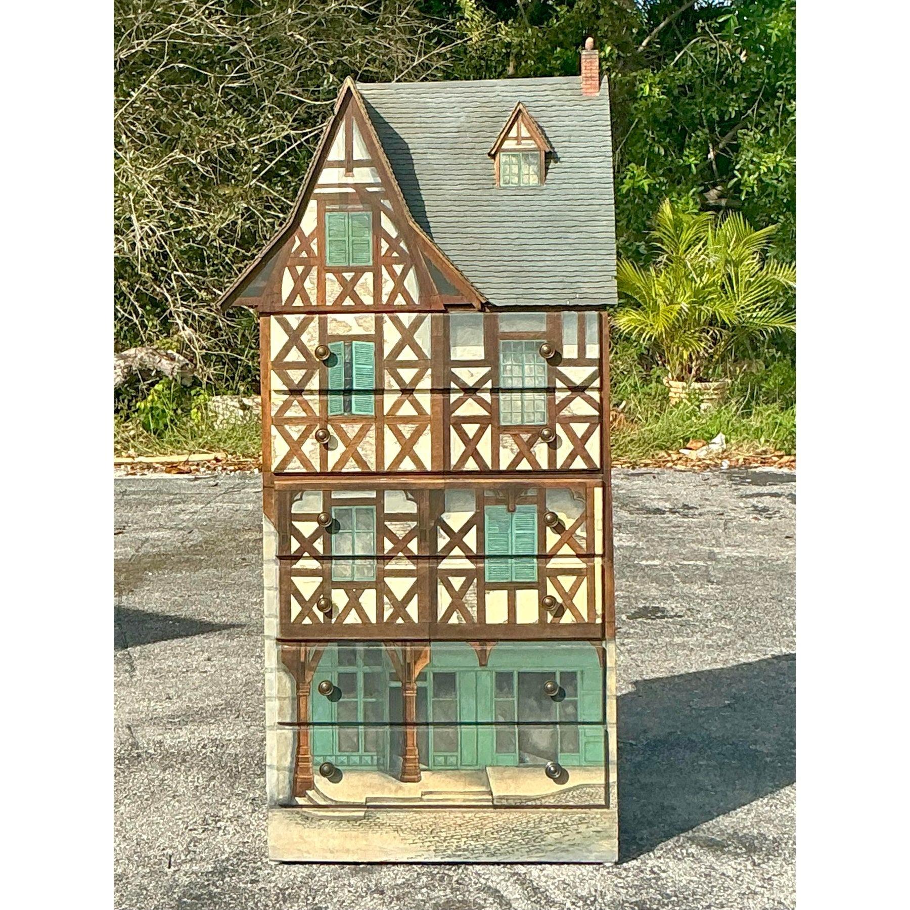 Vintage Boho Signed Carolyn Wernimont Tudor House Chest of Drawers For Sale 2