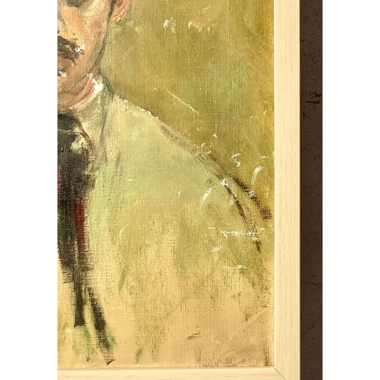 Vintage Boho Signed Distressed Oil Portrait of Man For Sale at 1stDibs
