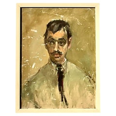 Vintage Boho Signed Distressed Oil Portrait of Man