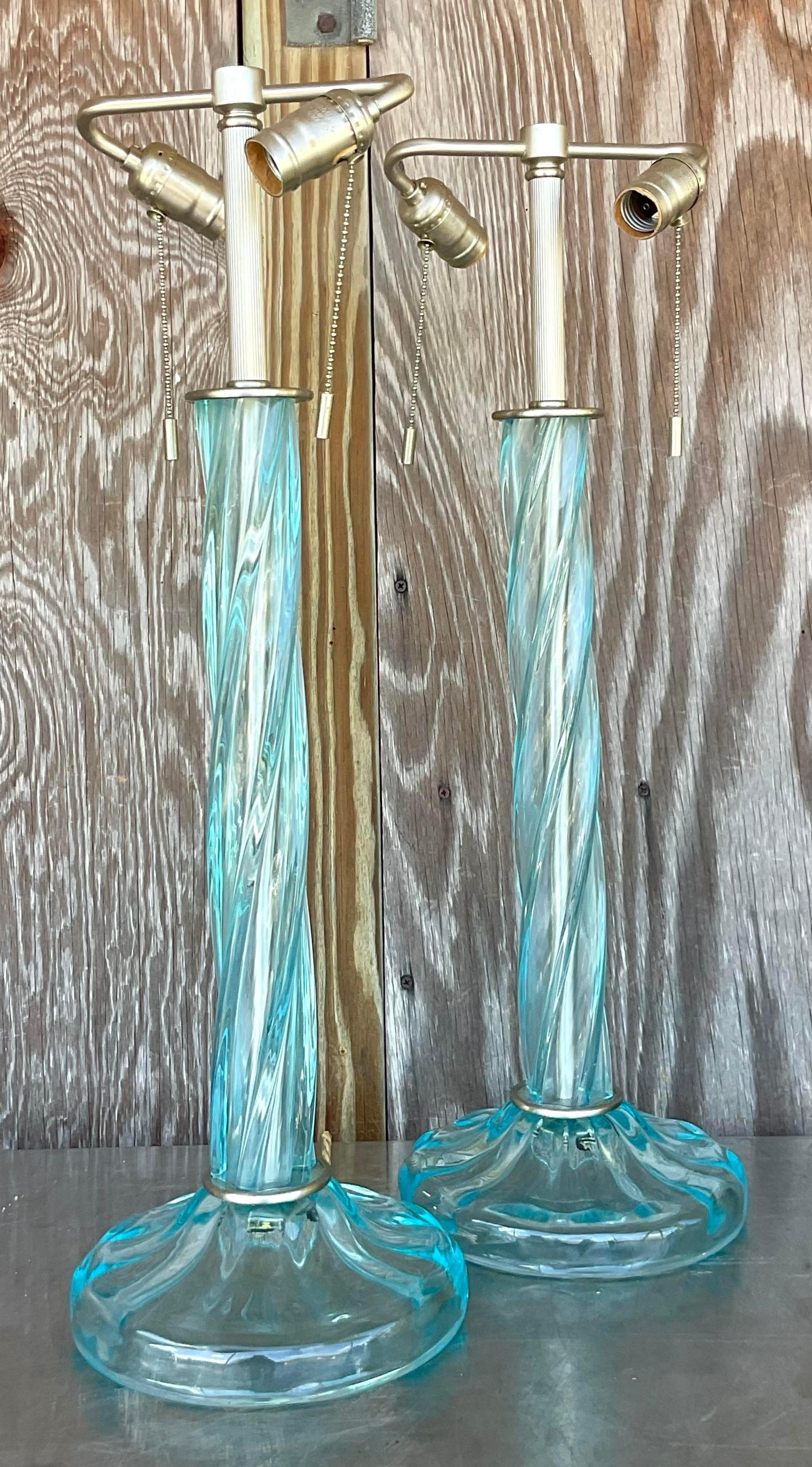 American Vintage Boho Signed Donghia Twist Blown Glass Lamps - a Pair For Sale